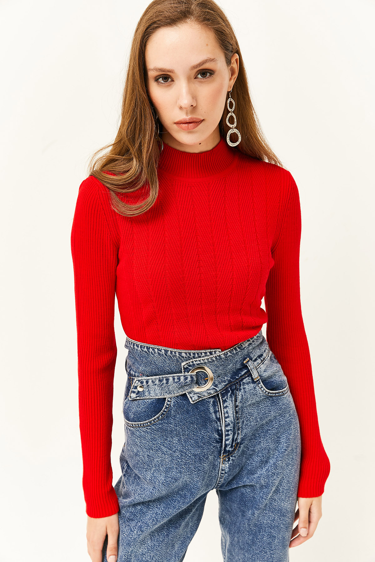 Levně Olalook Women's Red Half Turtleneck Zigzag Textured Soft Knitwear Sweater