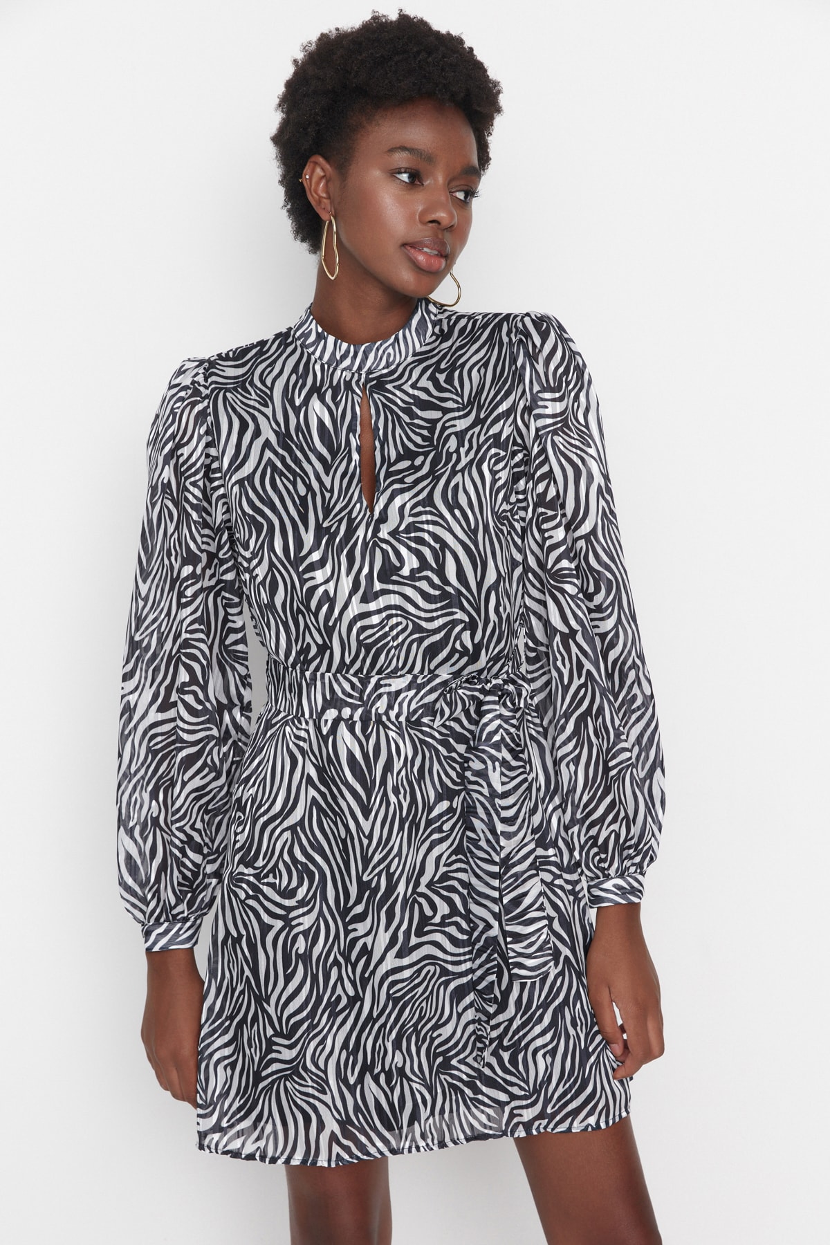 Trendyol Limited Edition Black Belted Mini Woven Patterned Dress