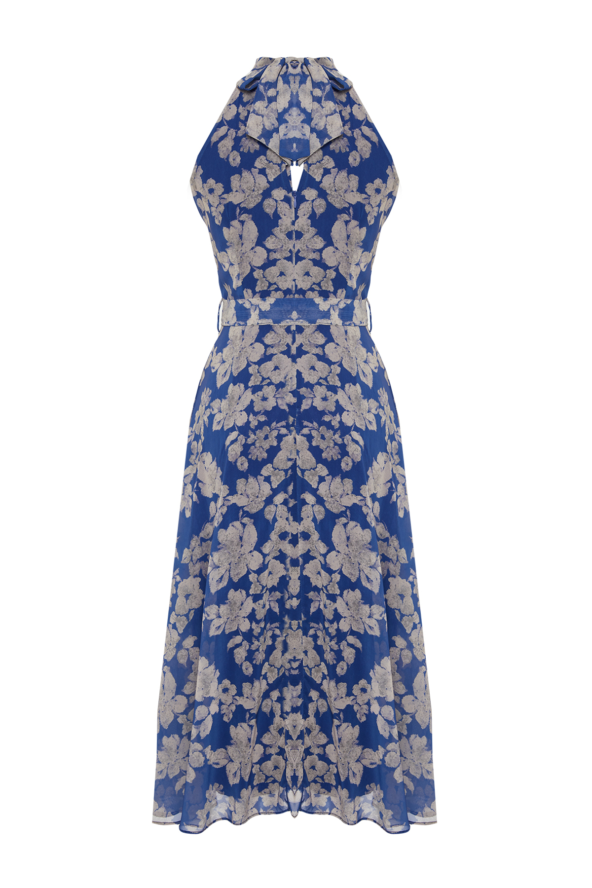 Trendyol Navy Blue Floral Print Belted A-line Halter Neck Sleeveless Midi Lined Woven Dress