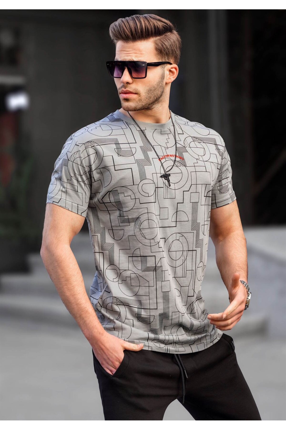Levně Madmext Dyed Gray Slim Fit Patterned Men's T-Shirt 6074