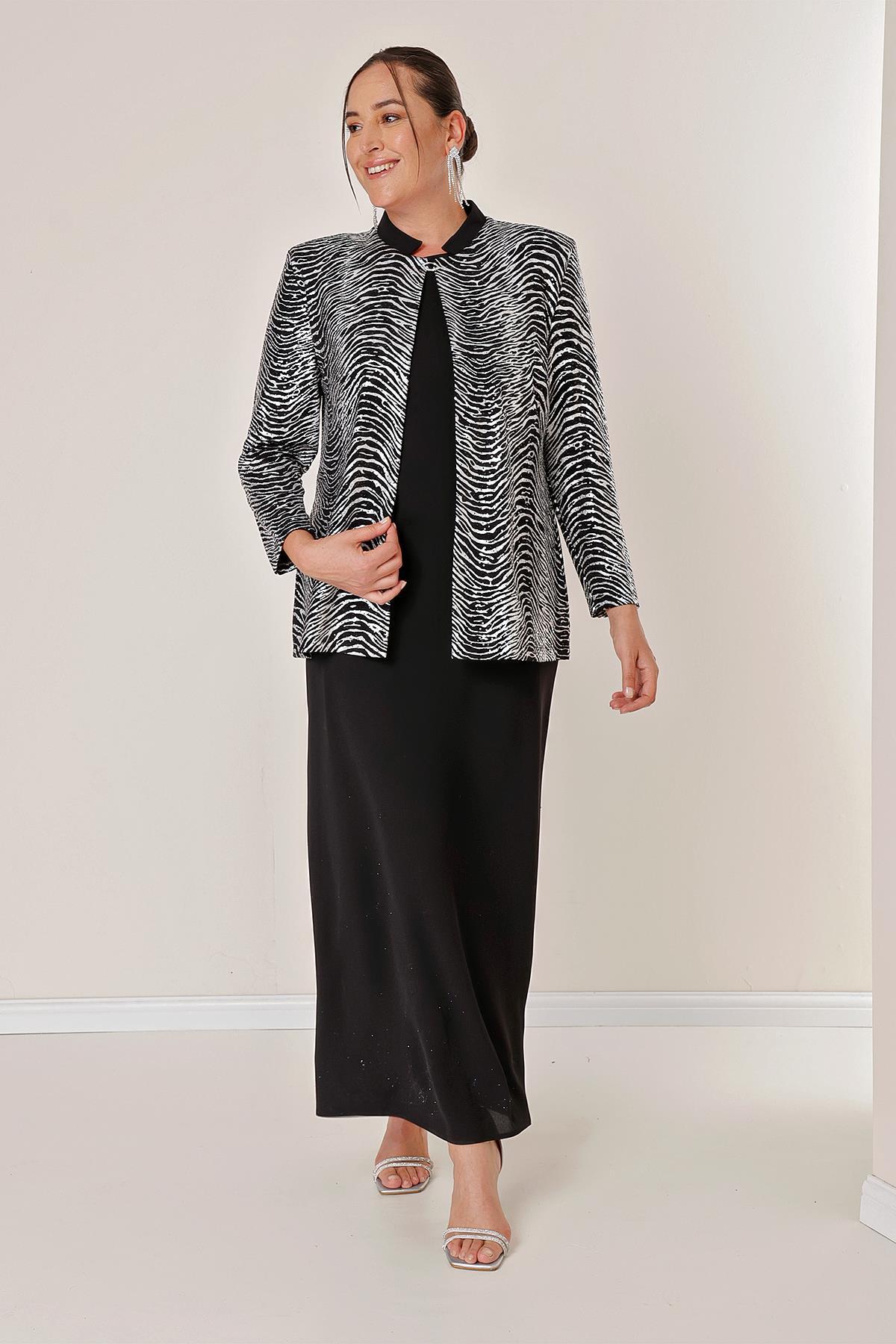 Levně By Saygı Sleeveless Long Lined Crepe Dress Zebra Patterned Foil Sequin Jacket B.B. Double Suit