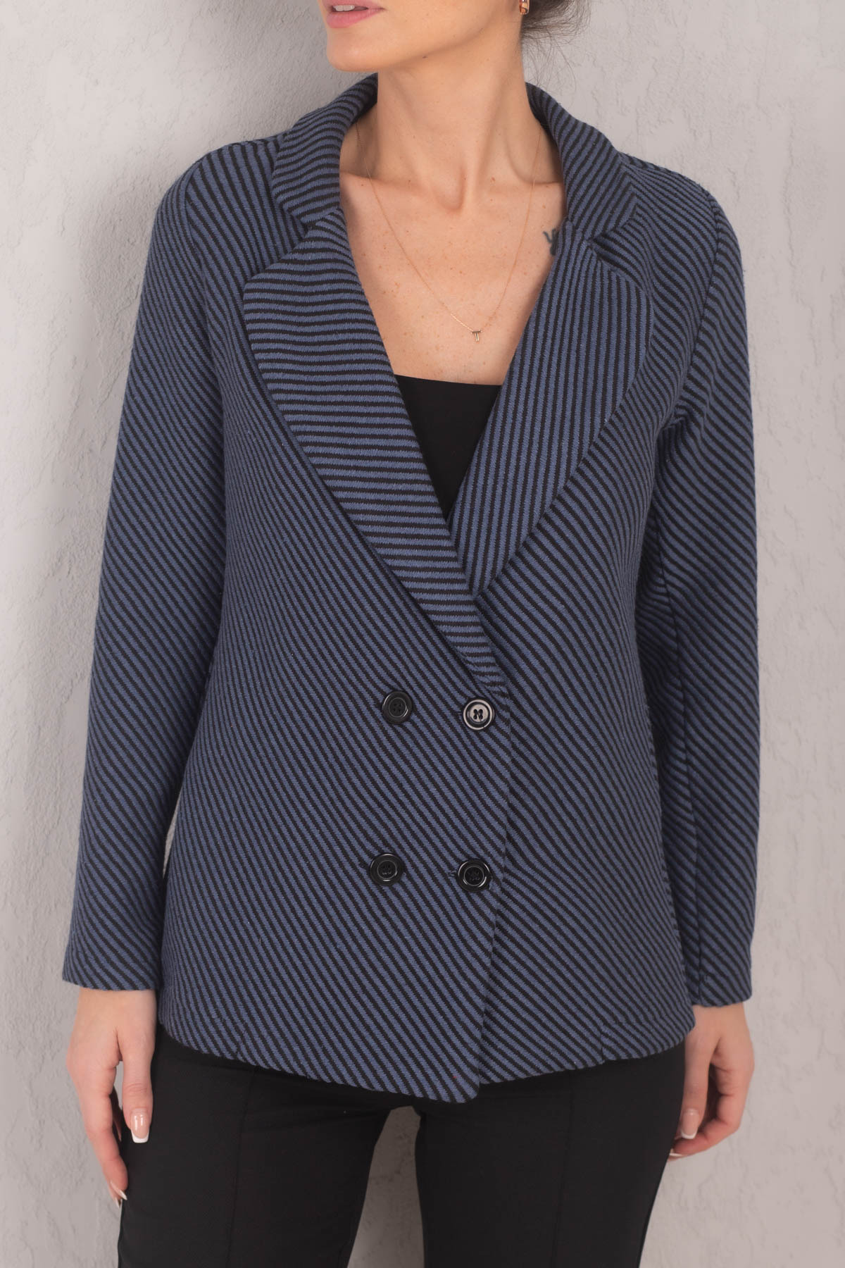 Levně armonika Women's Dark Blue Striped Pattern Four Button Cachet Jacket