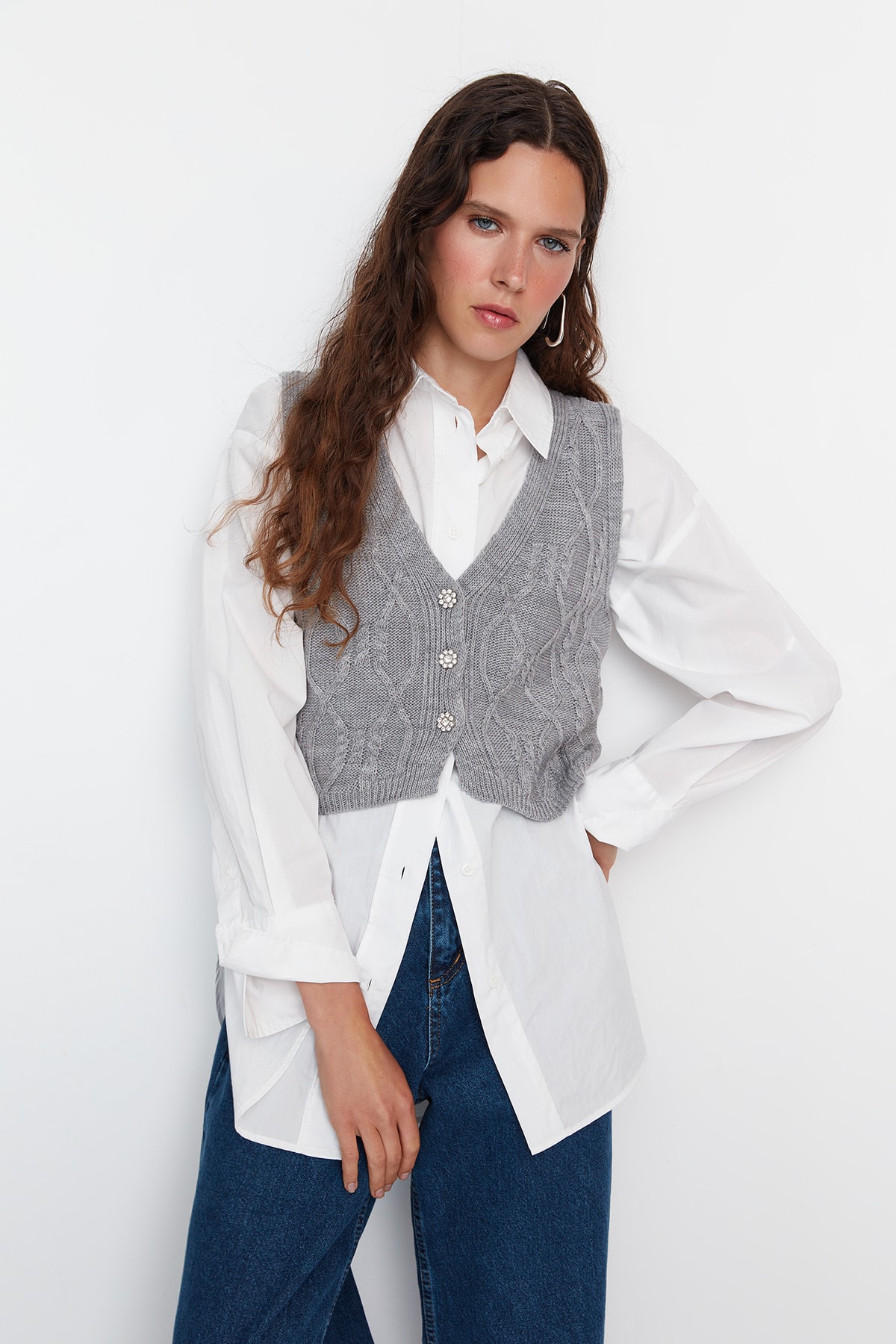 Trendyol Limited Edition Gray Jeweled Button Detailed Crop Knitwear Sweater