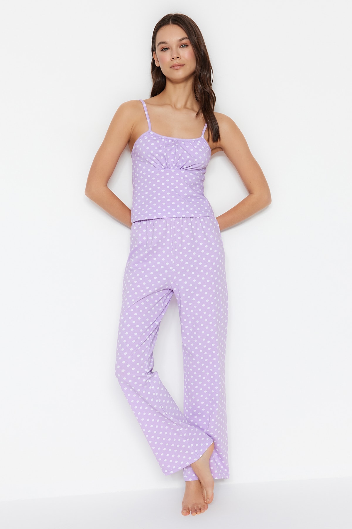 Levně Trendyol Lilac Polka Dot Cotton Undershirt-Pants Knitted Pajama Set