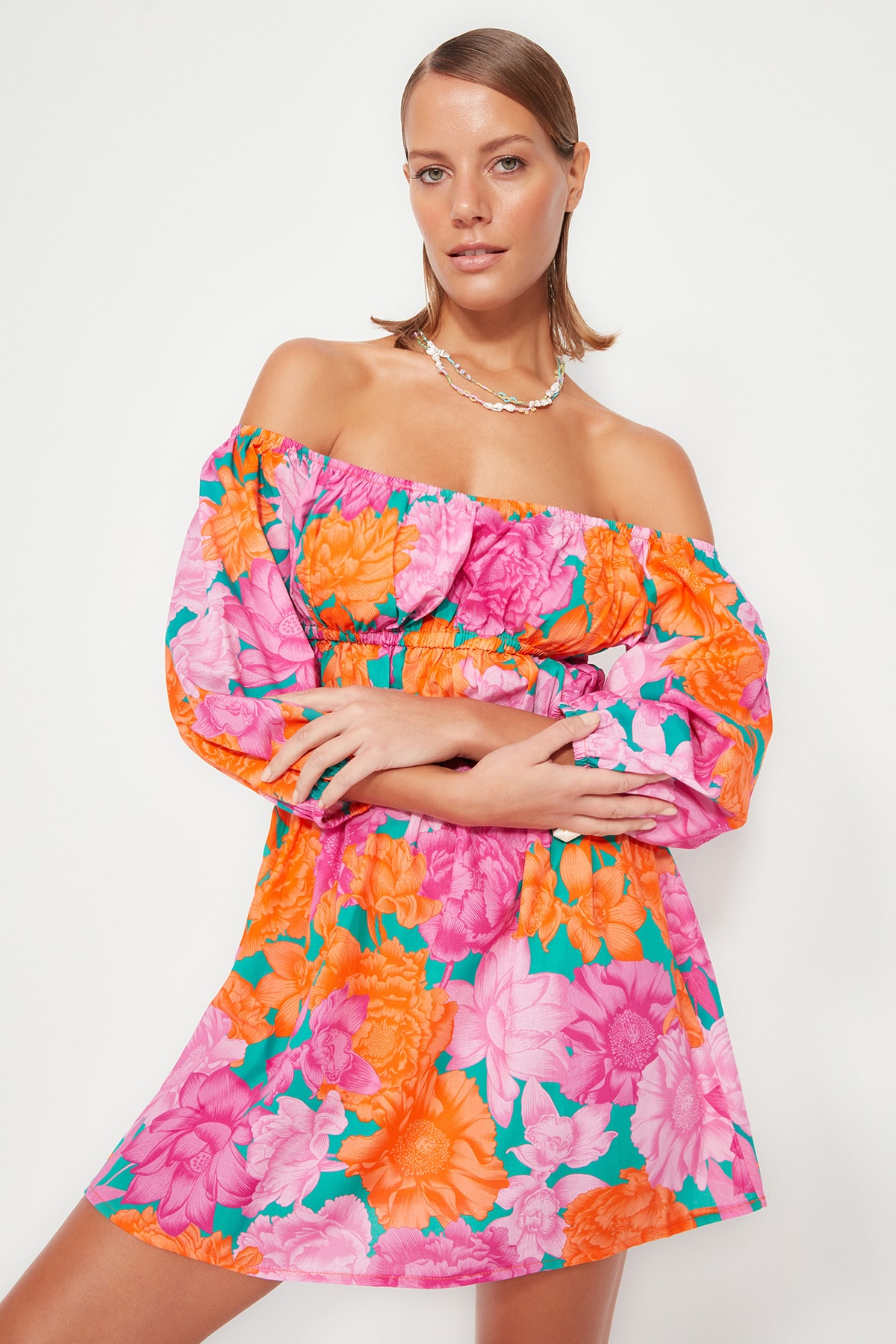Trendyol Floral Pattern Mini Woven Gathered 100% Cotton Beach Dress