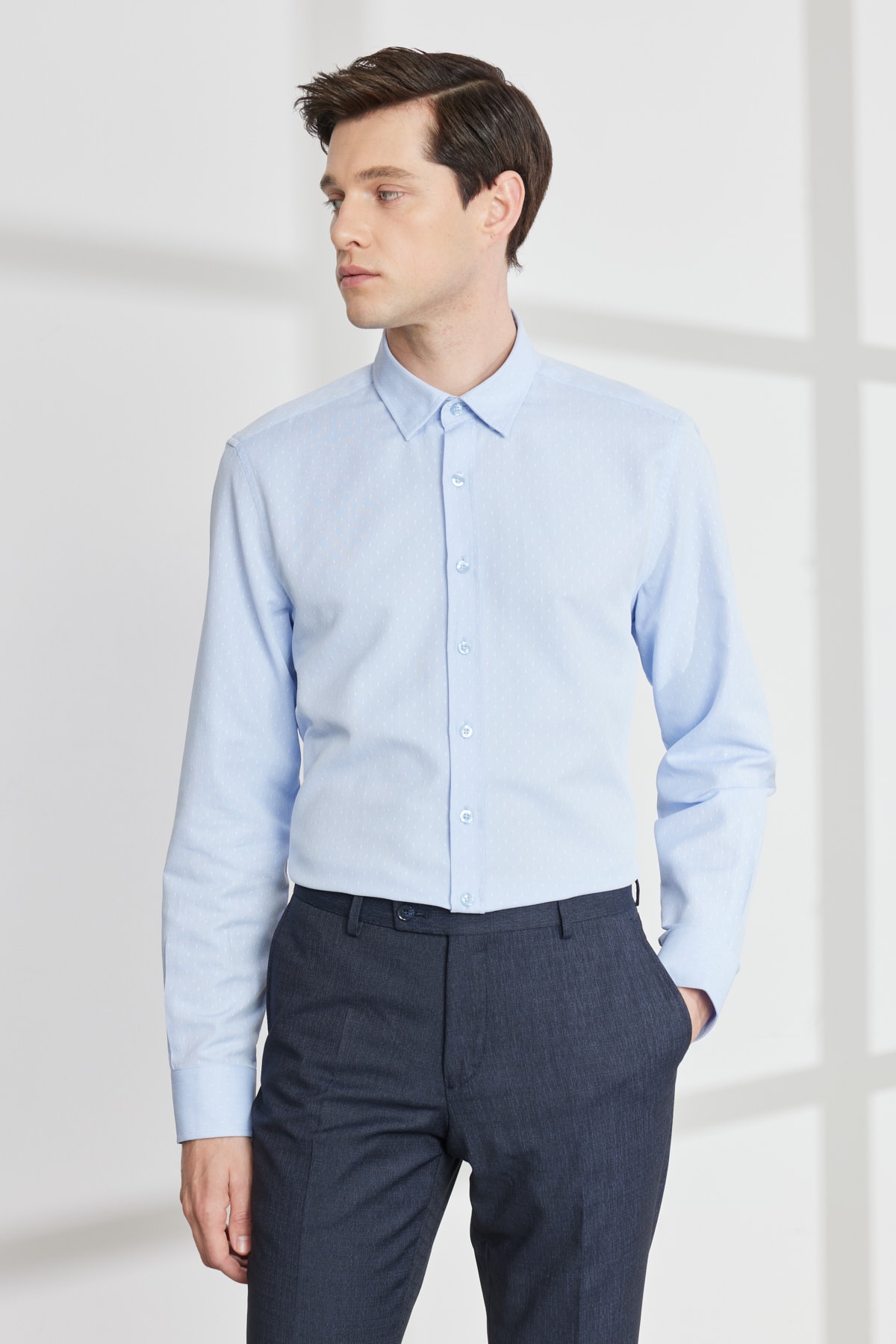 Levně ALTINYILDIZ CLASSICS Men's Light Blue Slim Fit Slim Fit Slim Fit Hidden Button Collar Cotton Dobby Shirt.