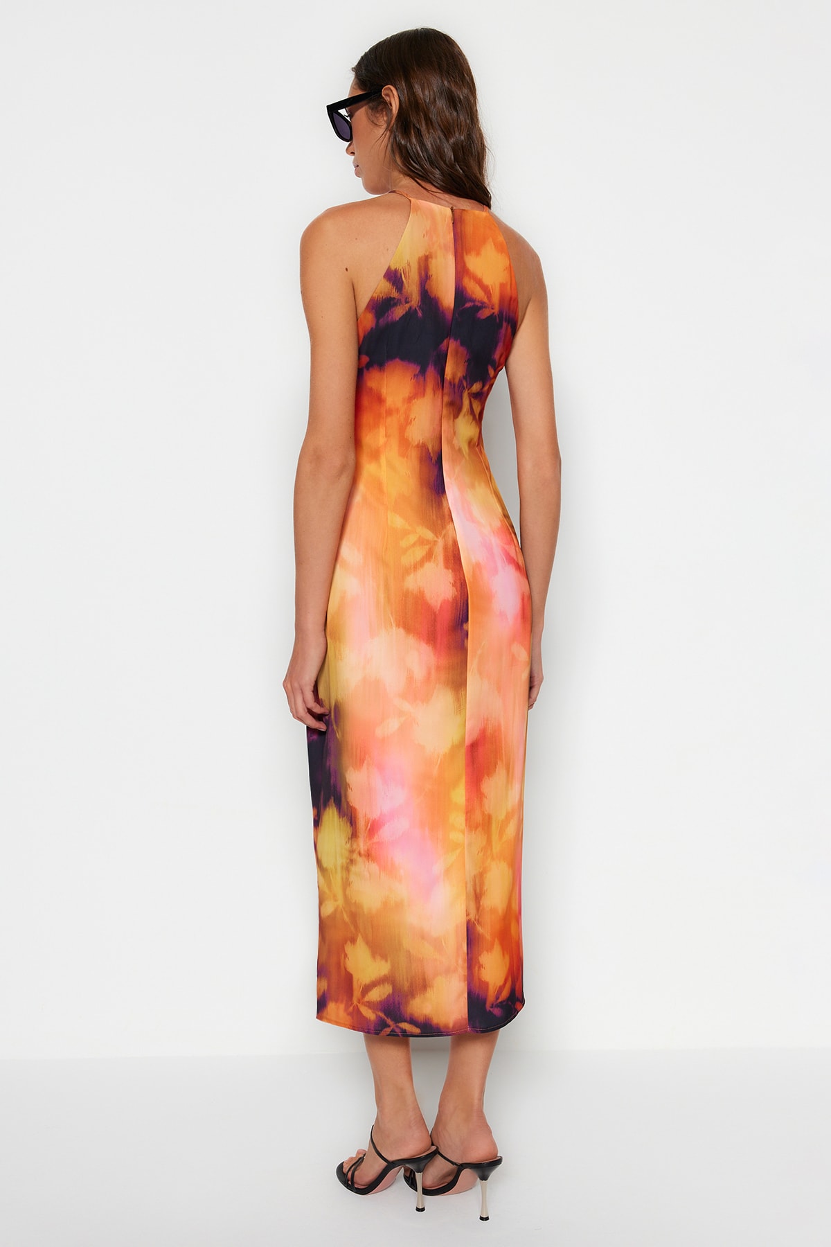 Trendyol Orange Floral Print Straight Cut Halter Neck Midi Satin Lined Woven Dress