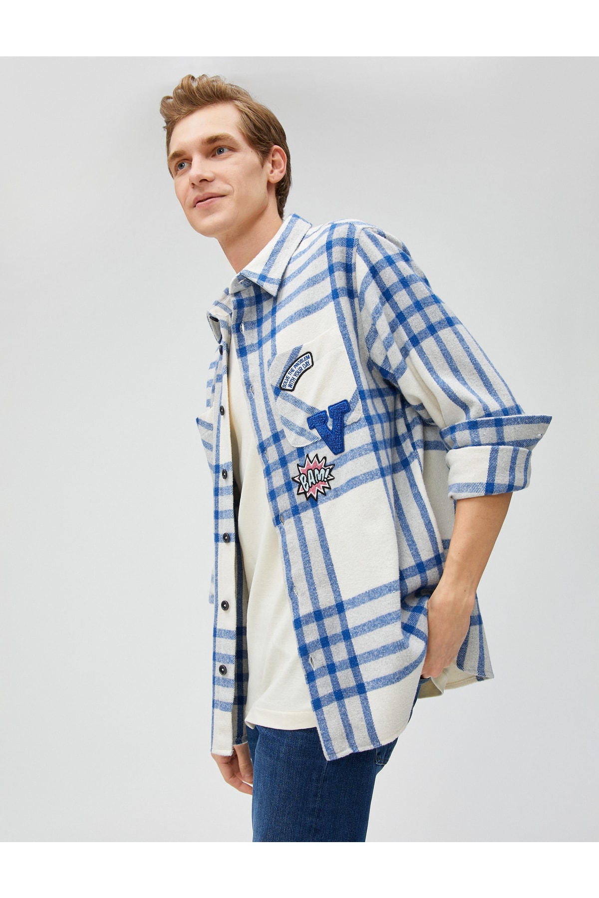 Koton Plaid College Shirt Jacket Classic Collar with Embroidered Pocket Detail