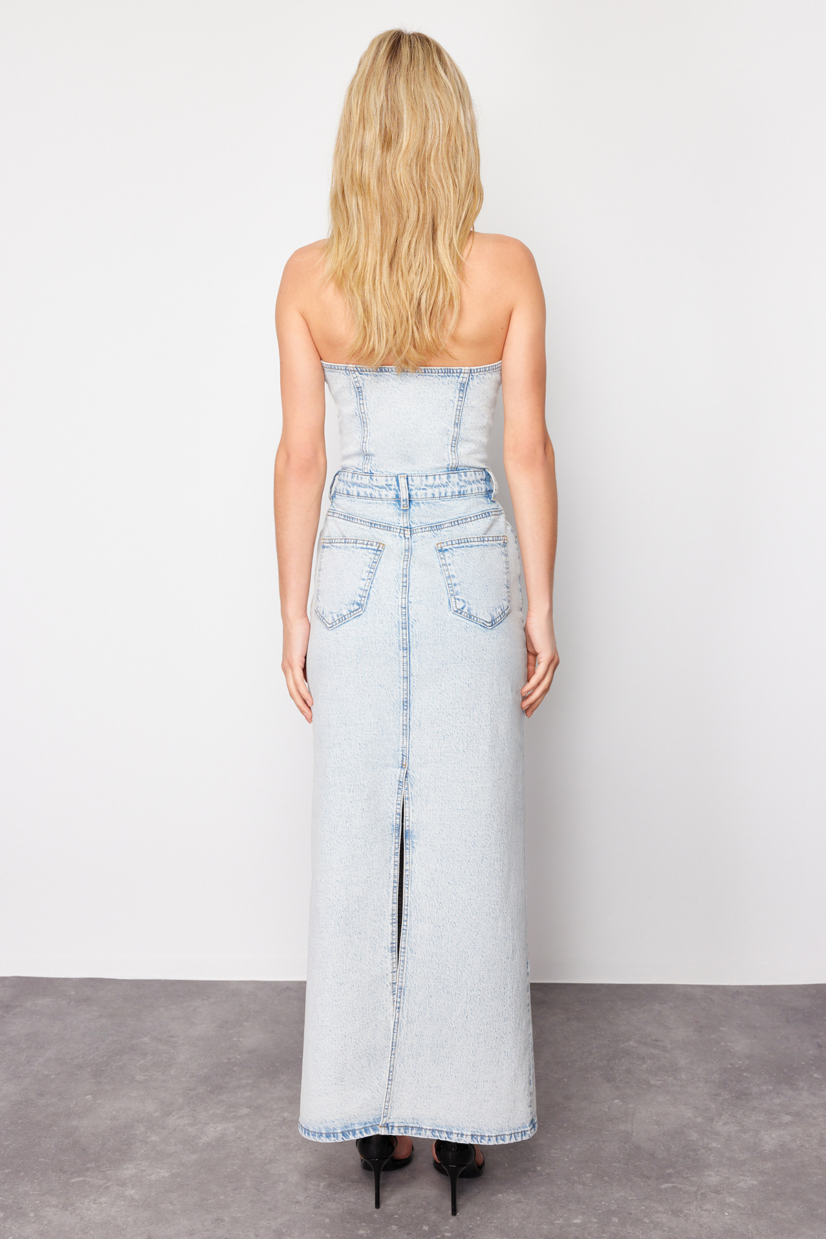 Trendyol Light Blue Slit Strapless Maxi Denim Dress