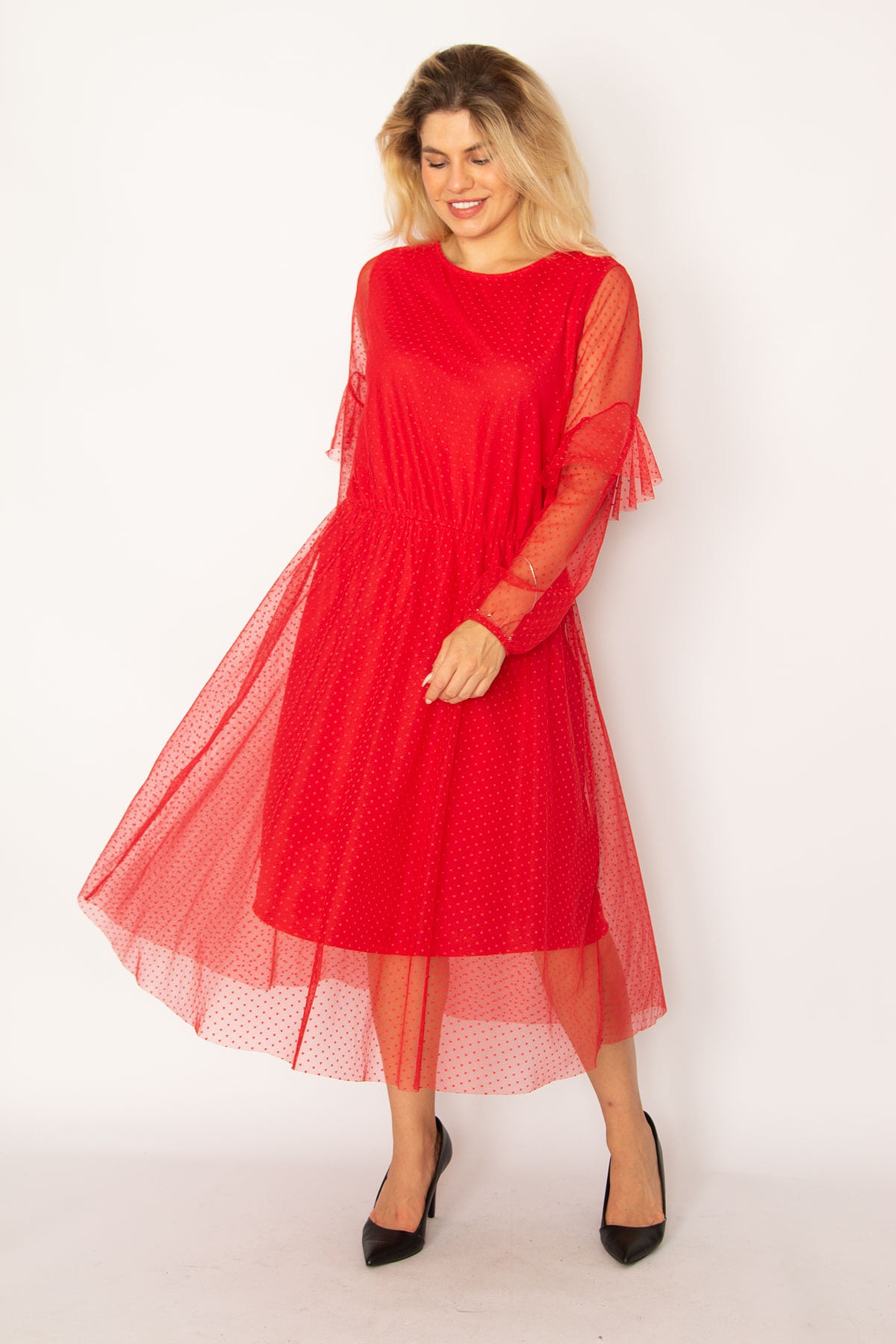 Levně Şans Women's Plus Size Colorful Elastic Waist And Arms Detailed Lined Tulle Dress