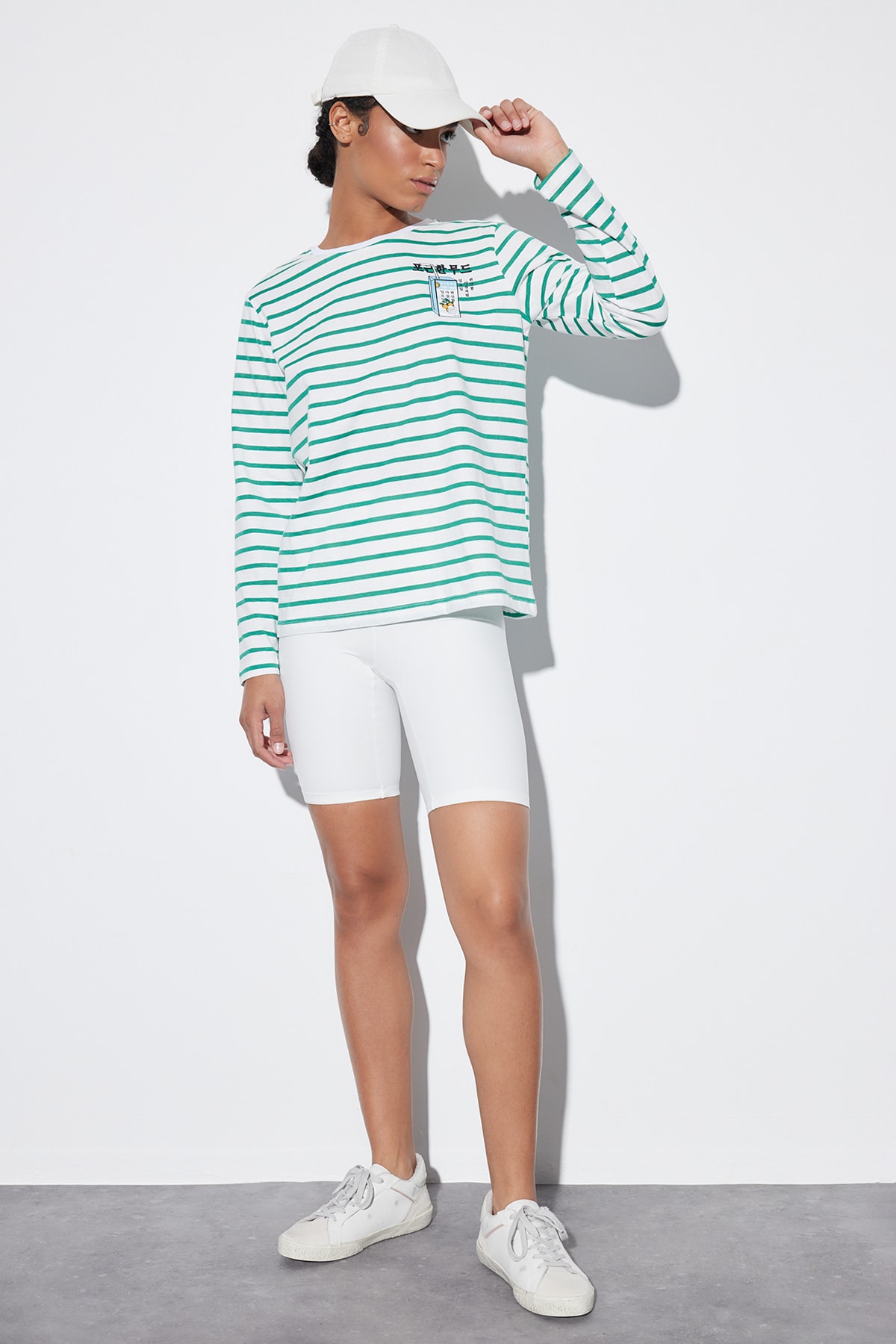 Trendyol Green Striped Long Sleeved Knitted T-Shirt with Print Detail
