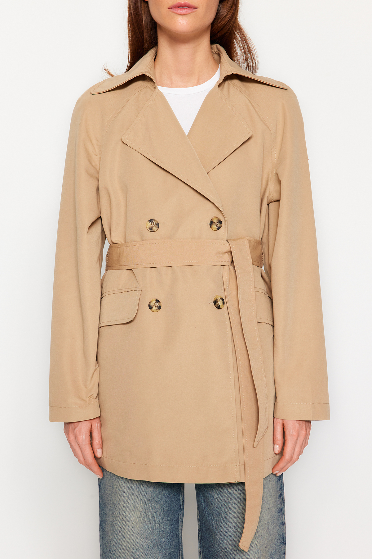 Trendyol Bej oversize wide cut beltted trenci