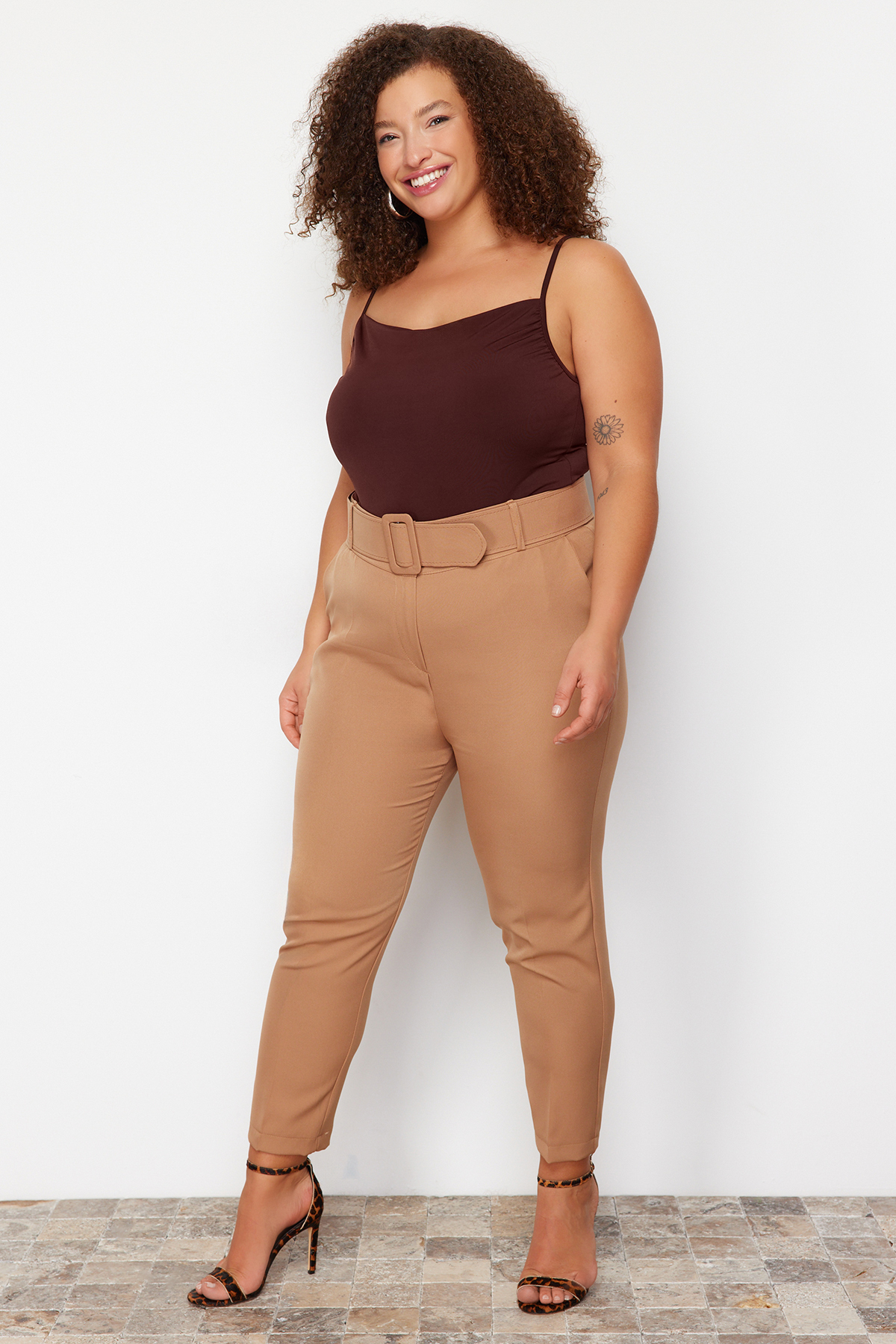 Trendyol Curve Brown Woven Belted Plus Size Fabric Trousers