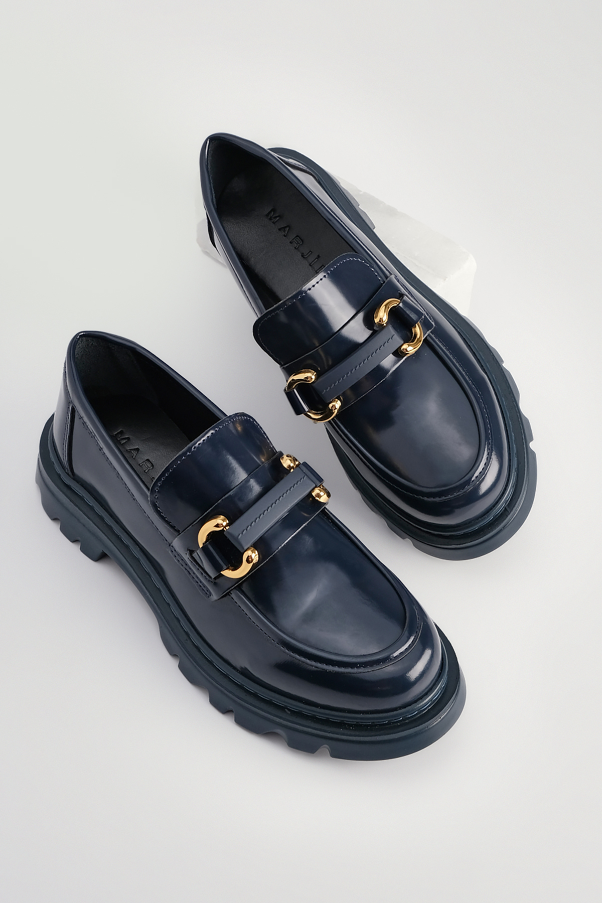 Levně Marjin Women's Loafer High Sole Buckled Casual Shoes Kinles Navy