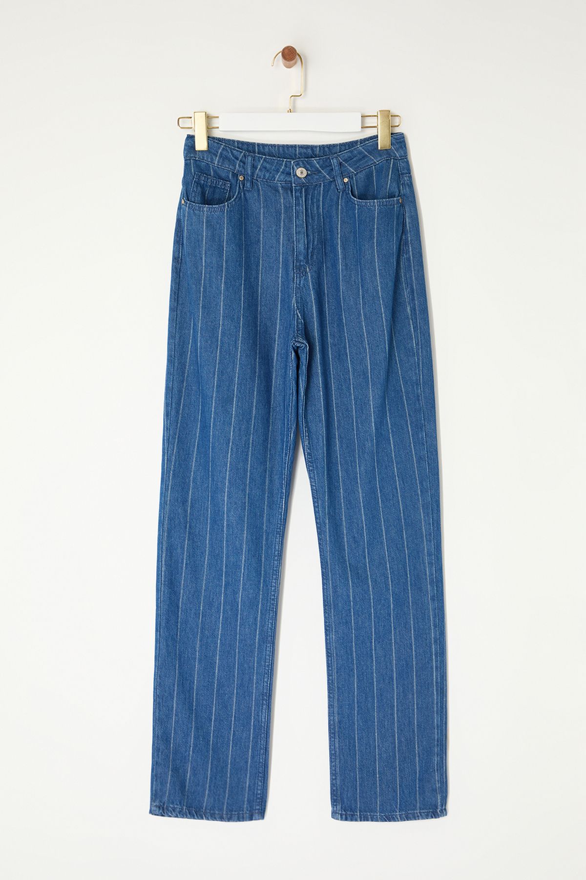 Trendyol Blue Striped High Waist Straight Jeans