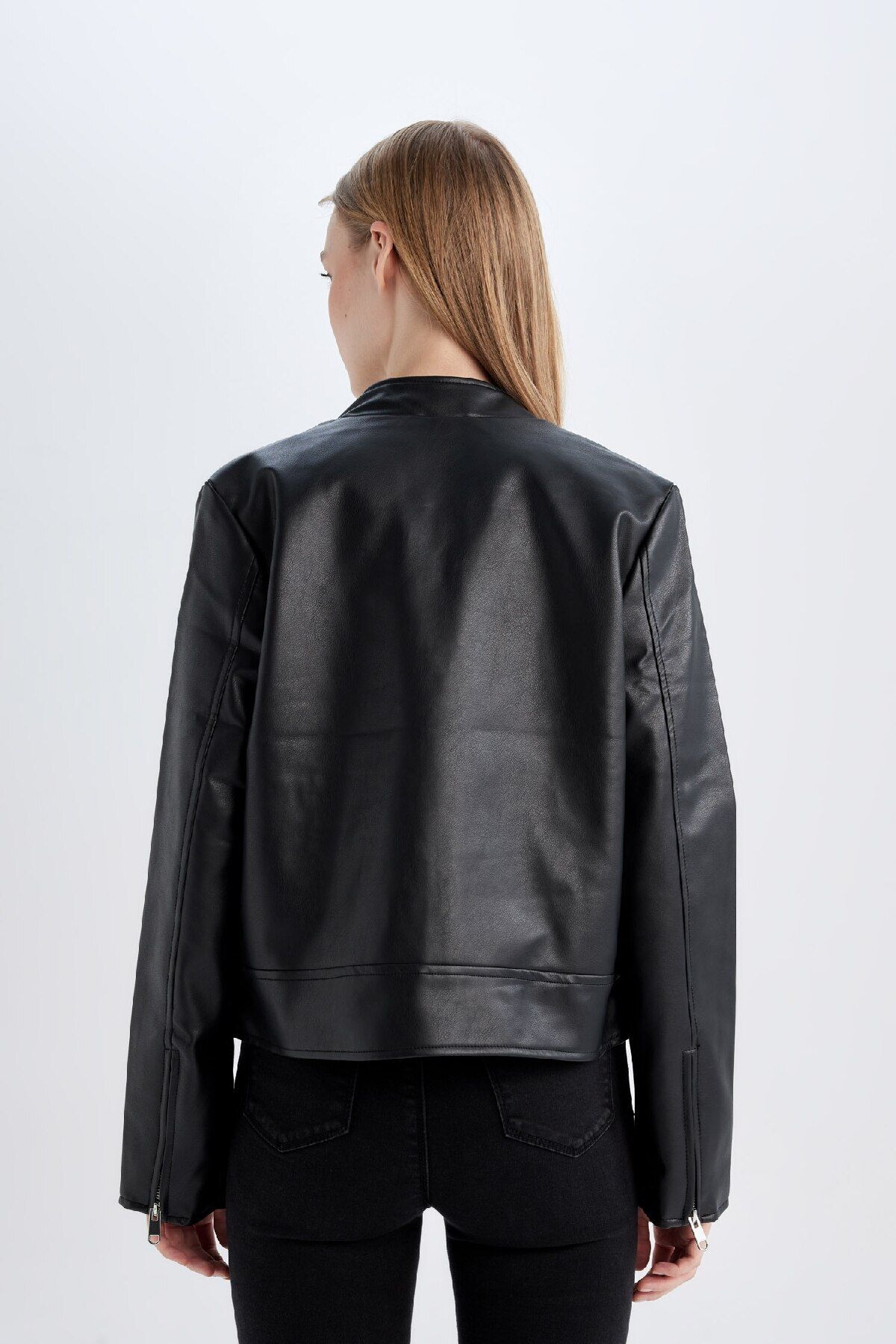 DEFACTO Regular Fit Zippered Pocket Black Faux Leather Jacket