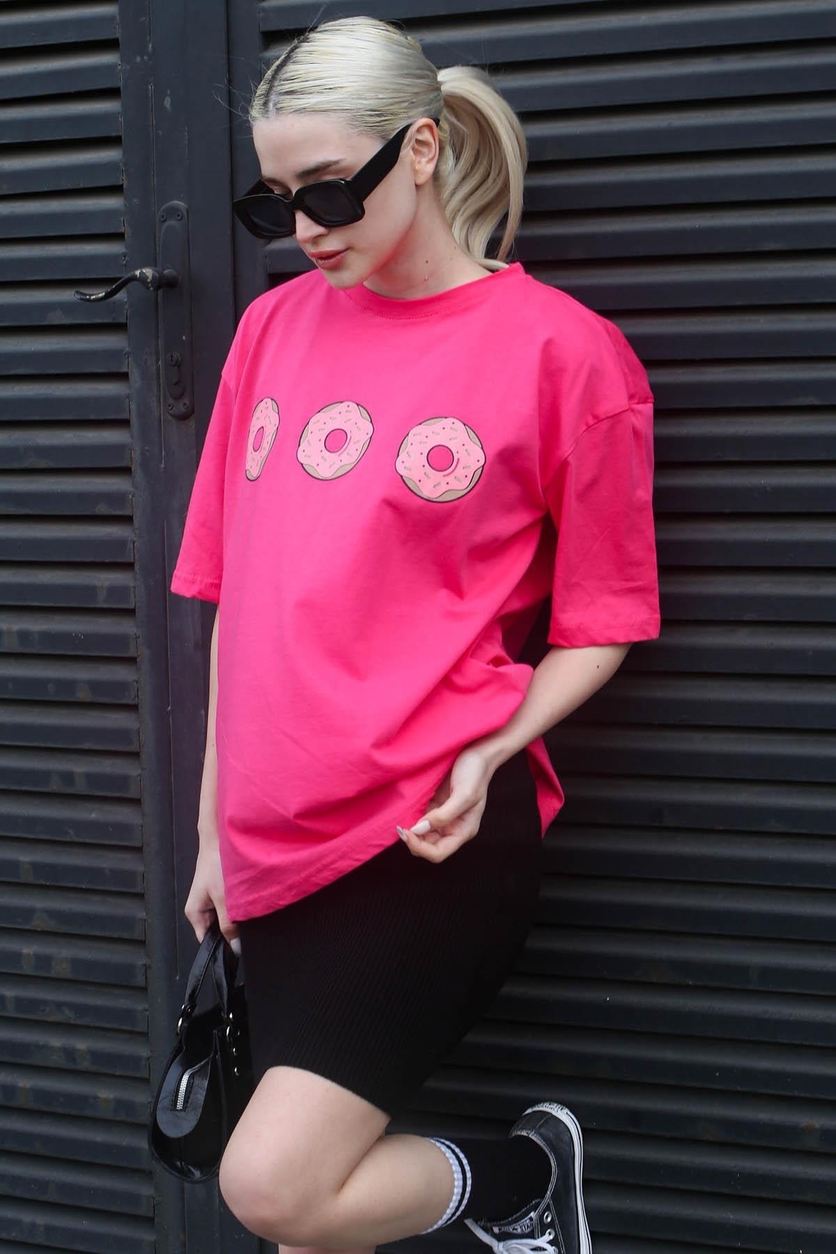 Levně Madmext Pink Printed Crew Neck Women's T-Shirt