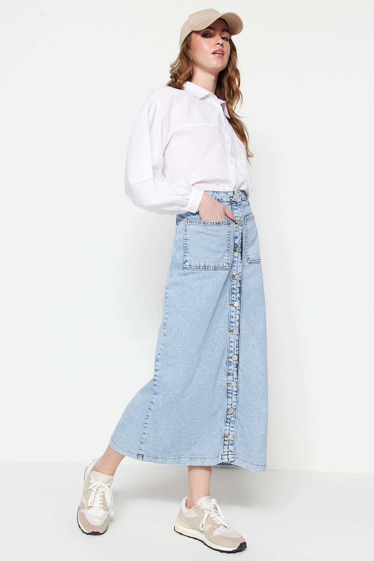 Levně Trendyol Light Blue Double Pocket High Waist Denim Jeans Skirt