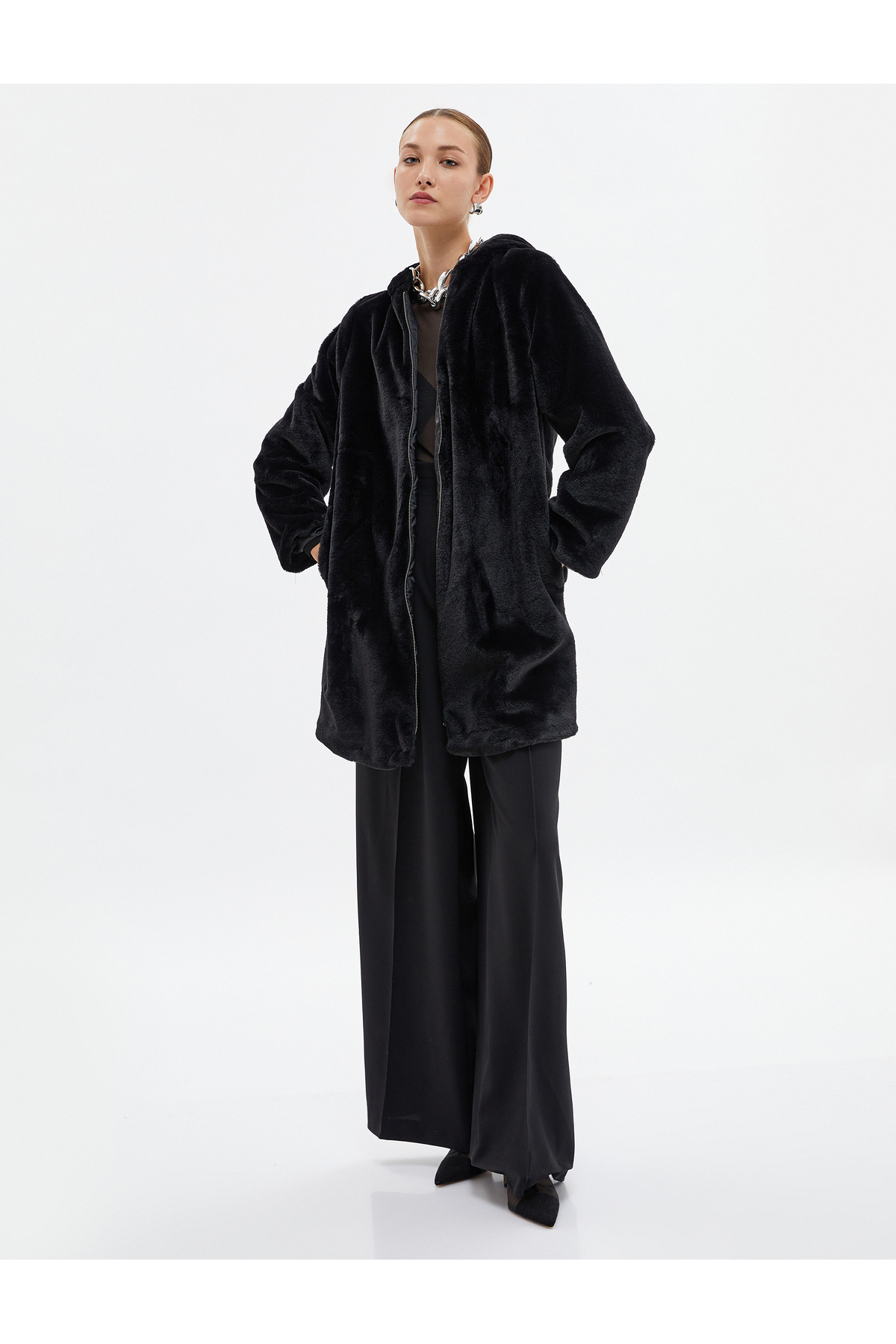 Levně Koton Plush Long Coat Zippered Hooded Pocket Detailed