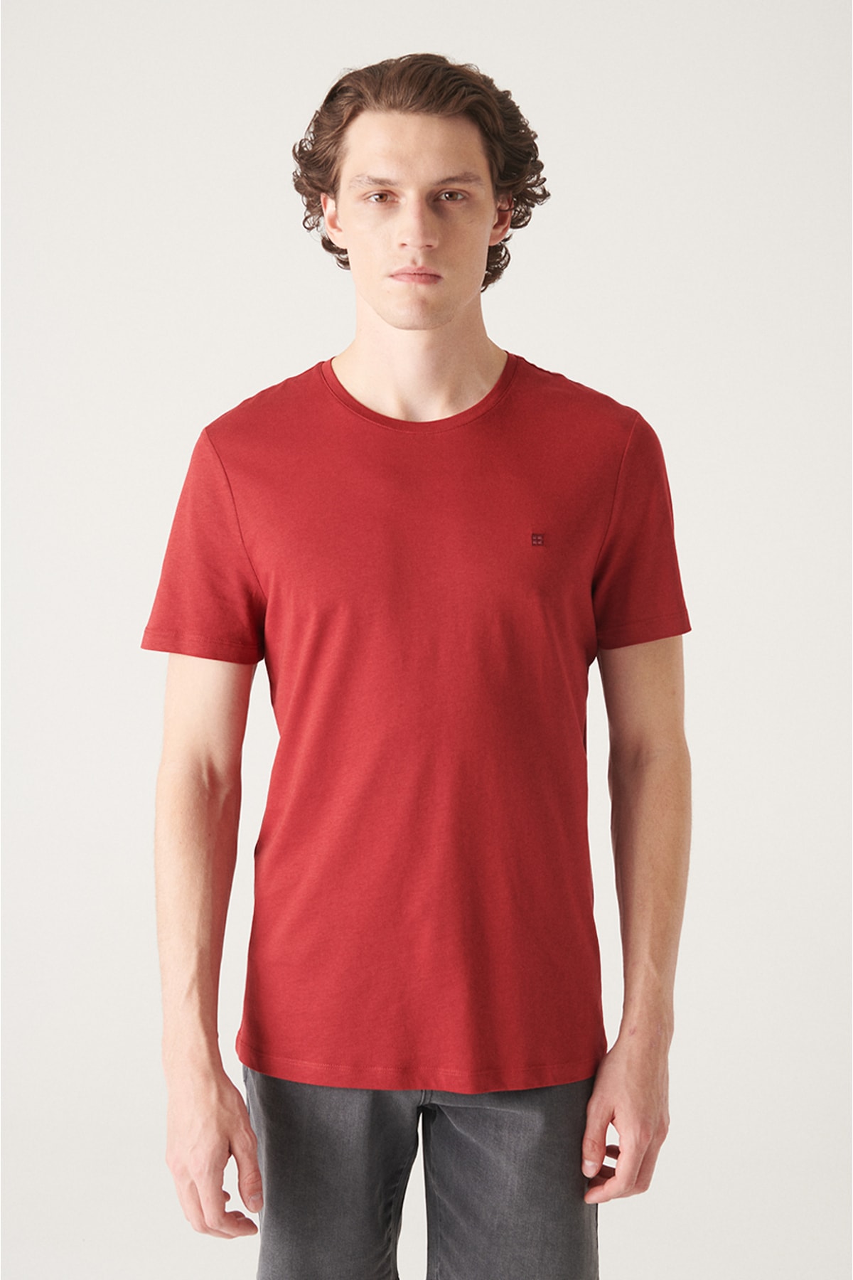 Levně Avva Men's Claret Red Ultrasoft Crew Neck Cotton Slim Fit Slim Fit T-shirt