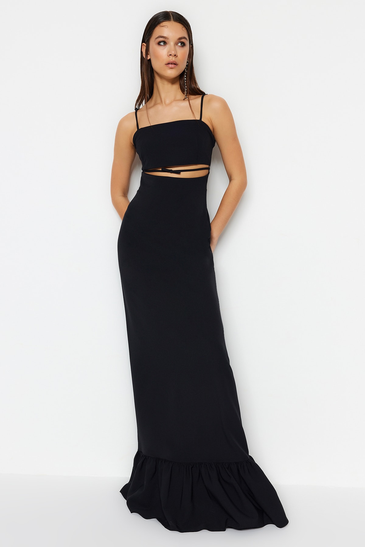 Trendyol Black Weave Evening Dress with Window/Cut Out Detail