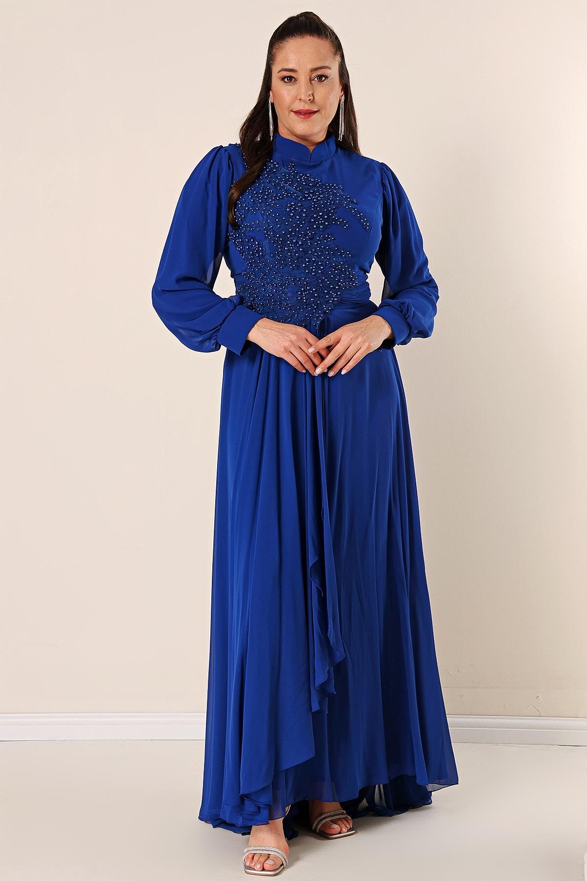 By Saygı Bead Embroidered Lined Flounce Front Plus Size Long Chiffon Dress