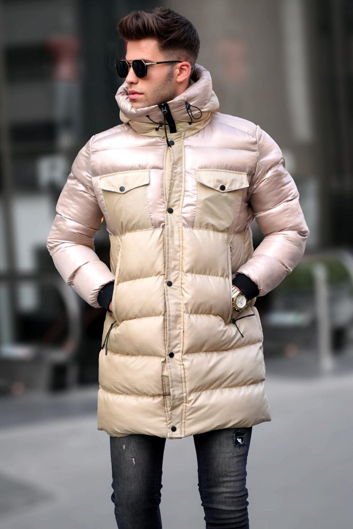 Madmext Beige Pocket Detailed Hooded Puffer Coat 5742
