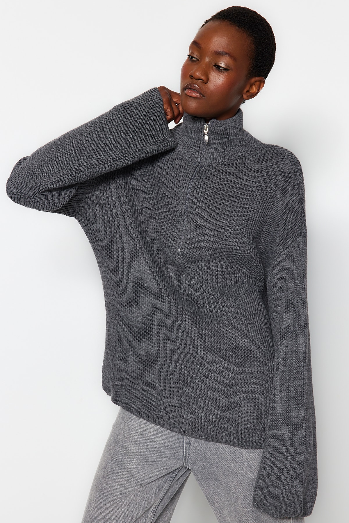 Trendyol Anthracite Wide Pattern Zippered High Collar Knitwear Sweater