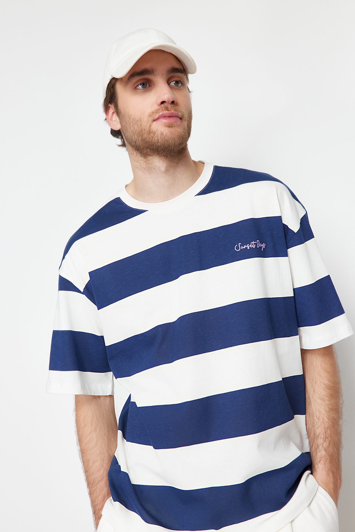 Trendyol Navy Blue Oversize Text Embroidered Striped 100% Cotton T-Shirt