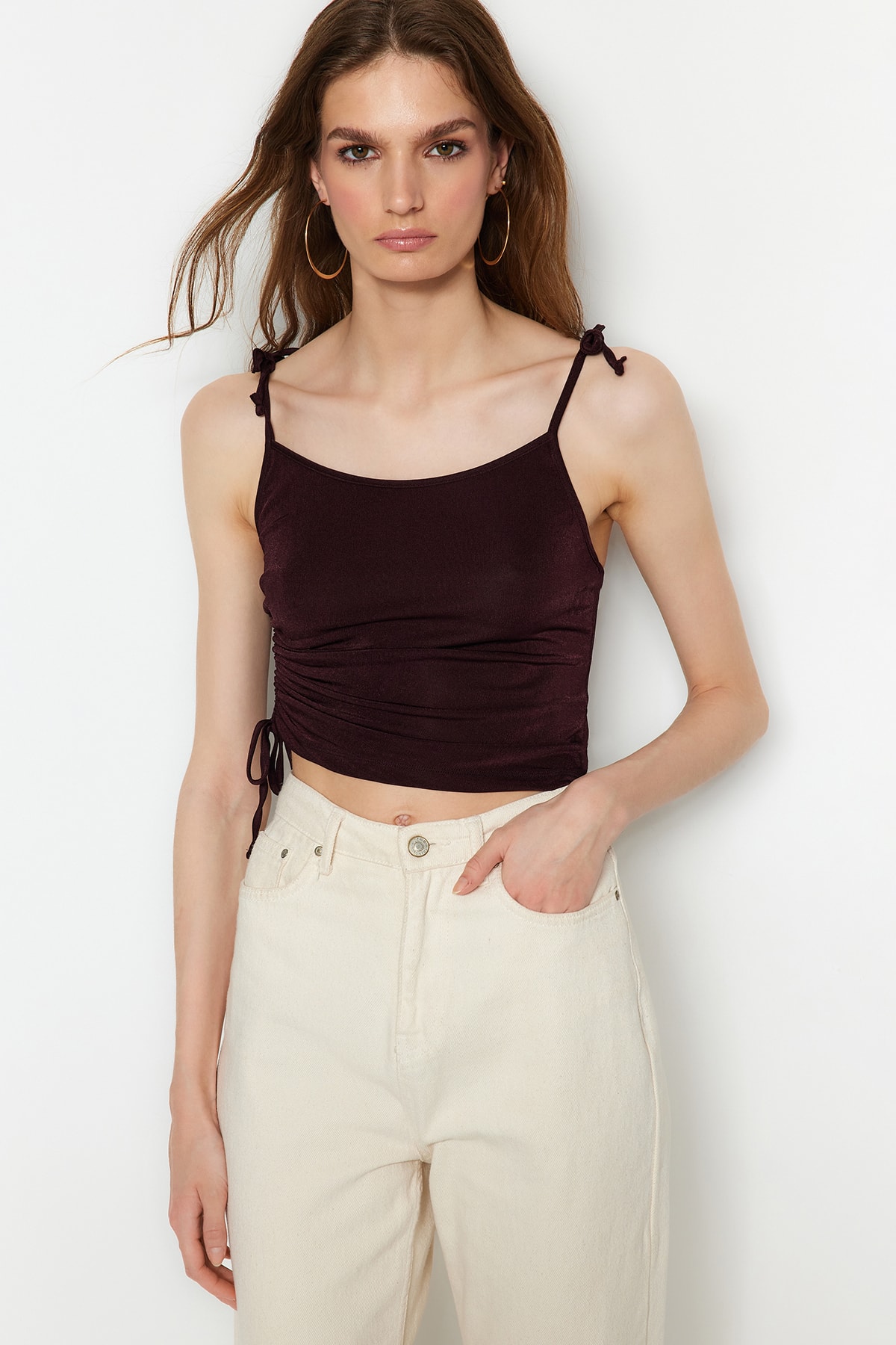 Trendyol Limited Edition Brown Knitted Blouse with a Shiny Surface and Soft Texture, Shirring Details
