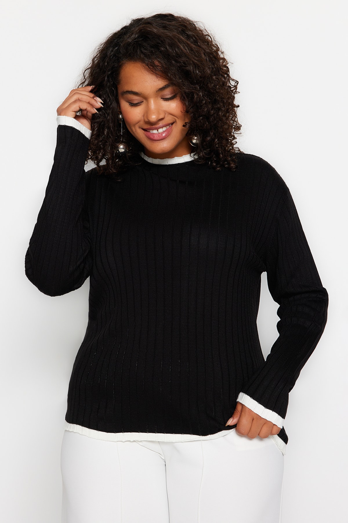 Trendyol Black Stripe Detaliat Tricotaje Pulover