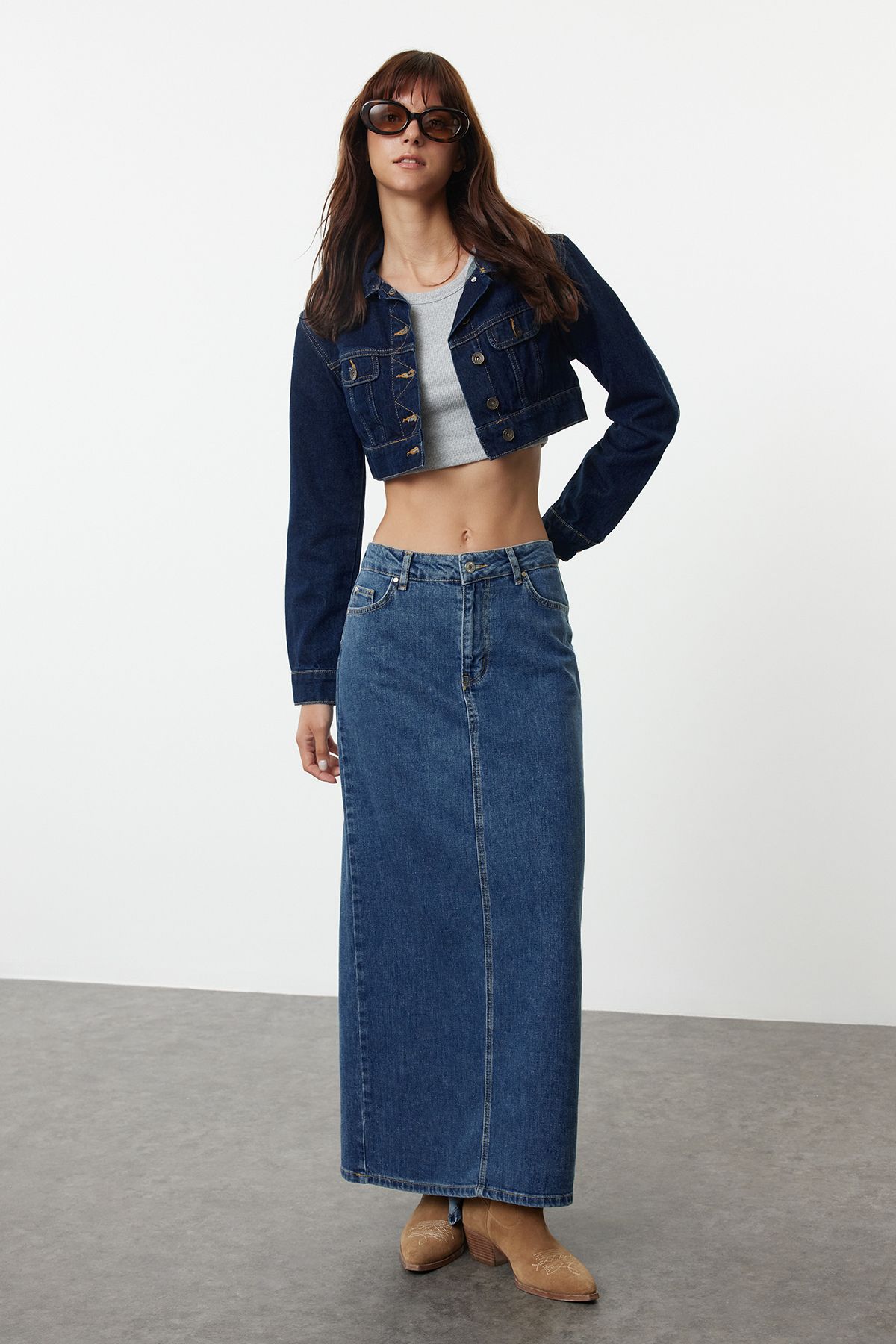 Trendyol Blue Tailed Maxi Denim Skirt