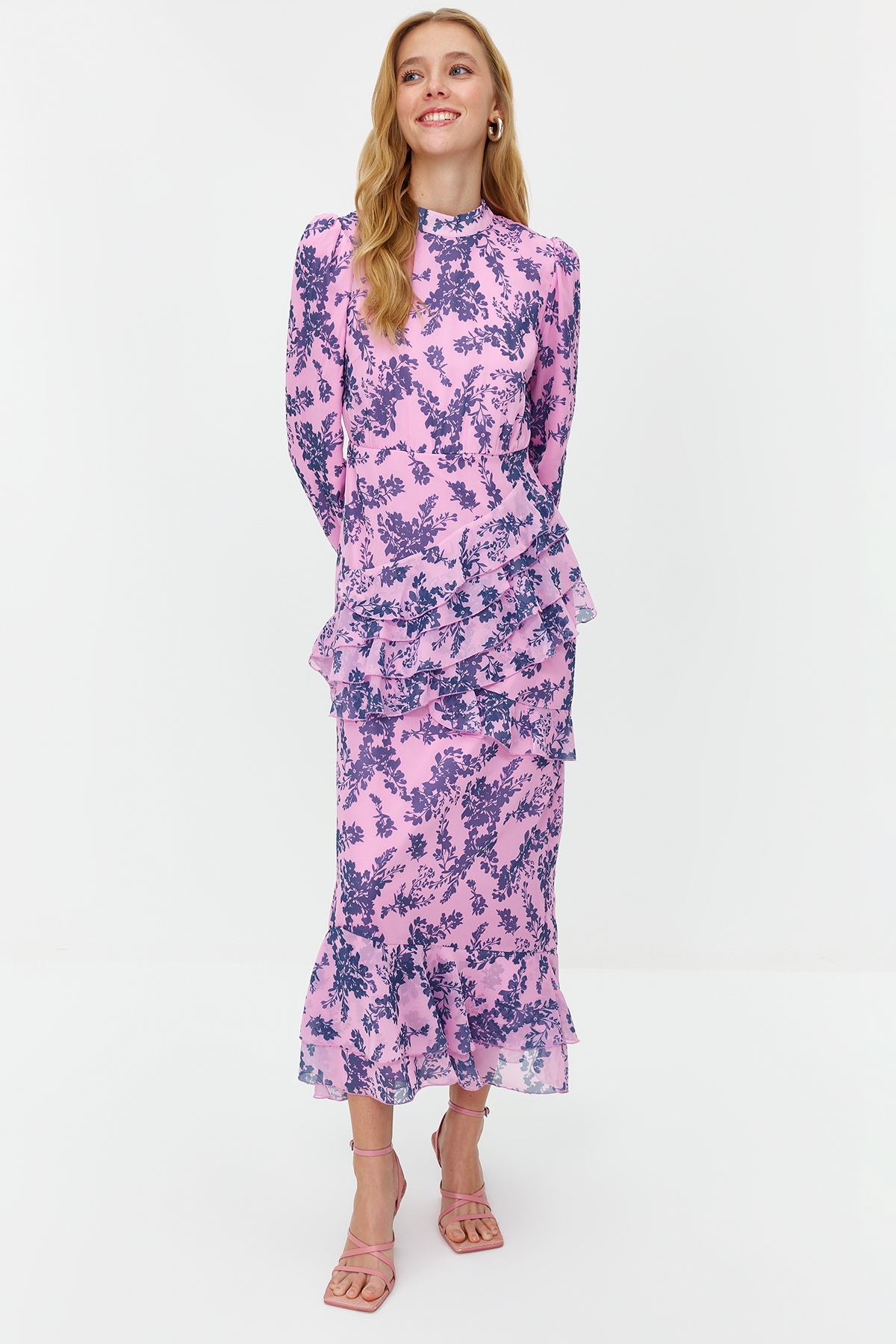 Levně Trendyol Lilac Floral Skirt Frilly Lined Woven Chiffon Dress