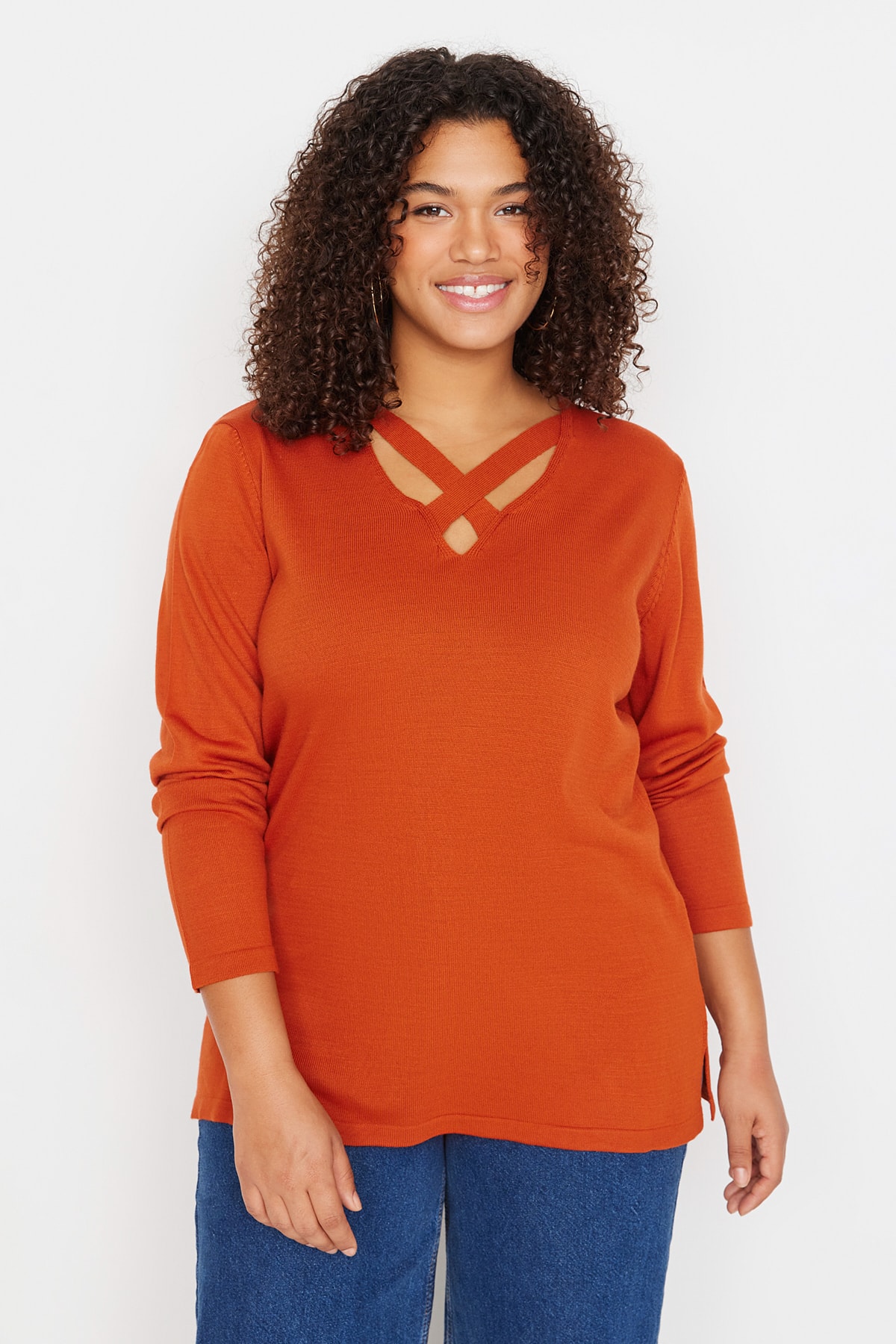 Levně Trendyol Curve Orange Límec Detailní pletený svetr