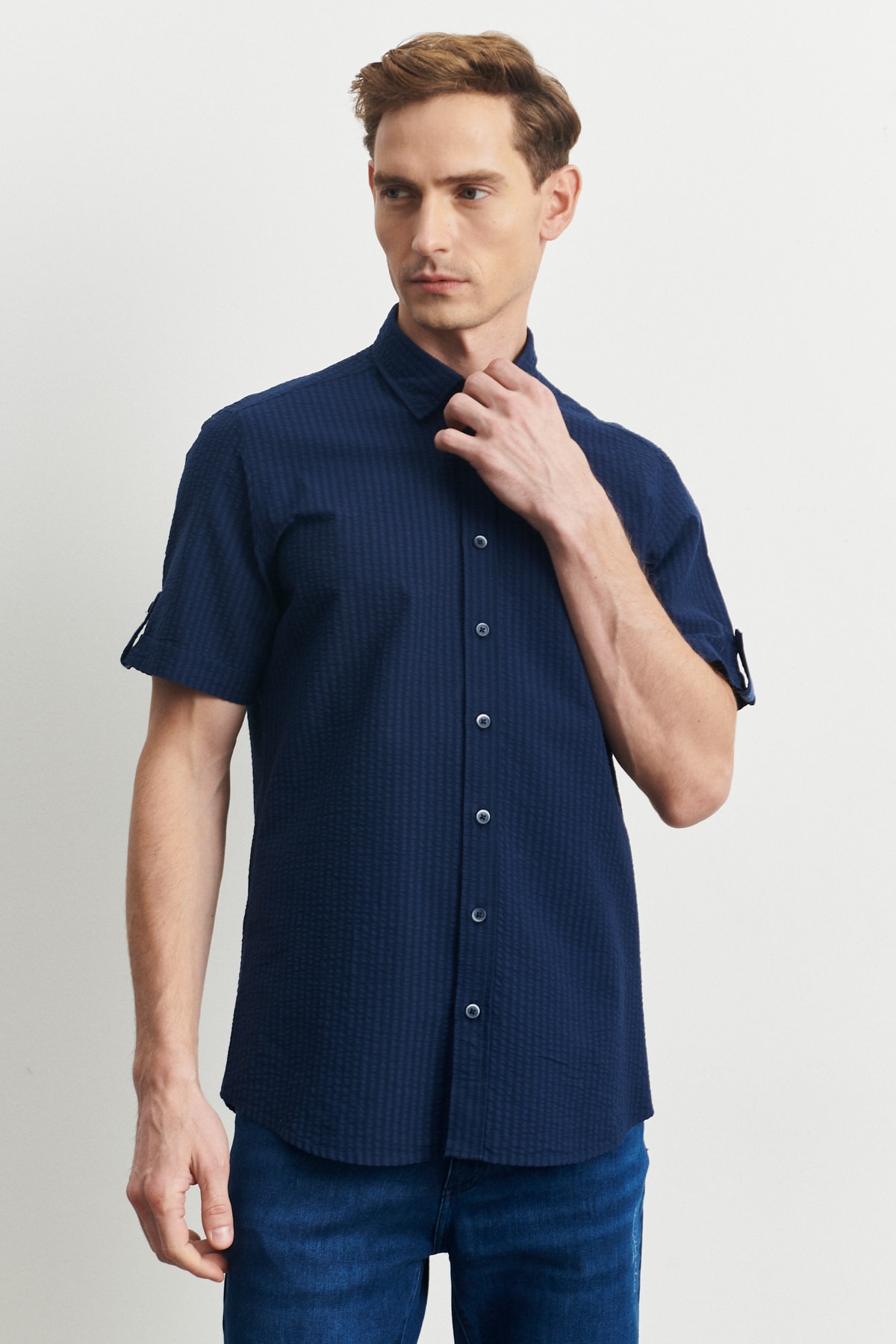 ALTINYILDIZ CLASSICS Men's Navy Blue Slim Fit Slim Fit 100% Cotton Buttoned Collar Patterned Casual Shirt