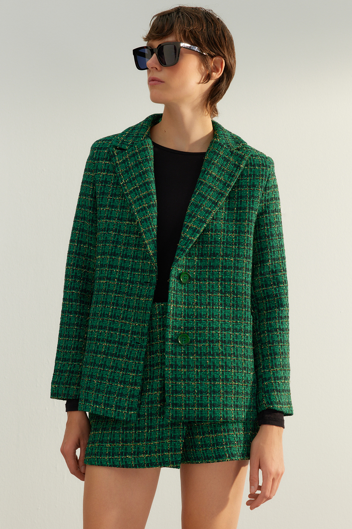 Levně Trendyol Green Premium Regular Lined Woven Plaid Blazer Jacket