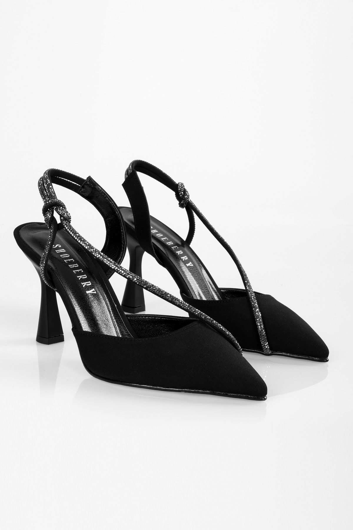 Levně Shoeberry Women's Leroy Black Matte Satin Stone Heeled Shoes Stiletto