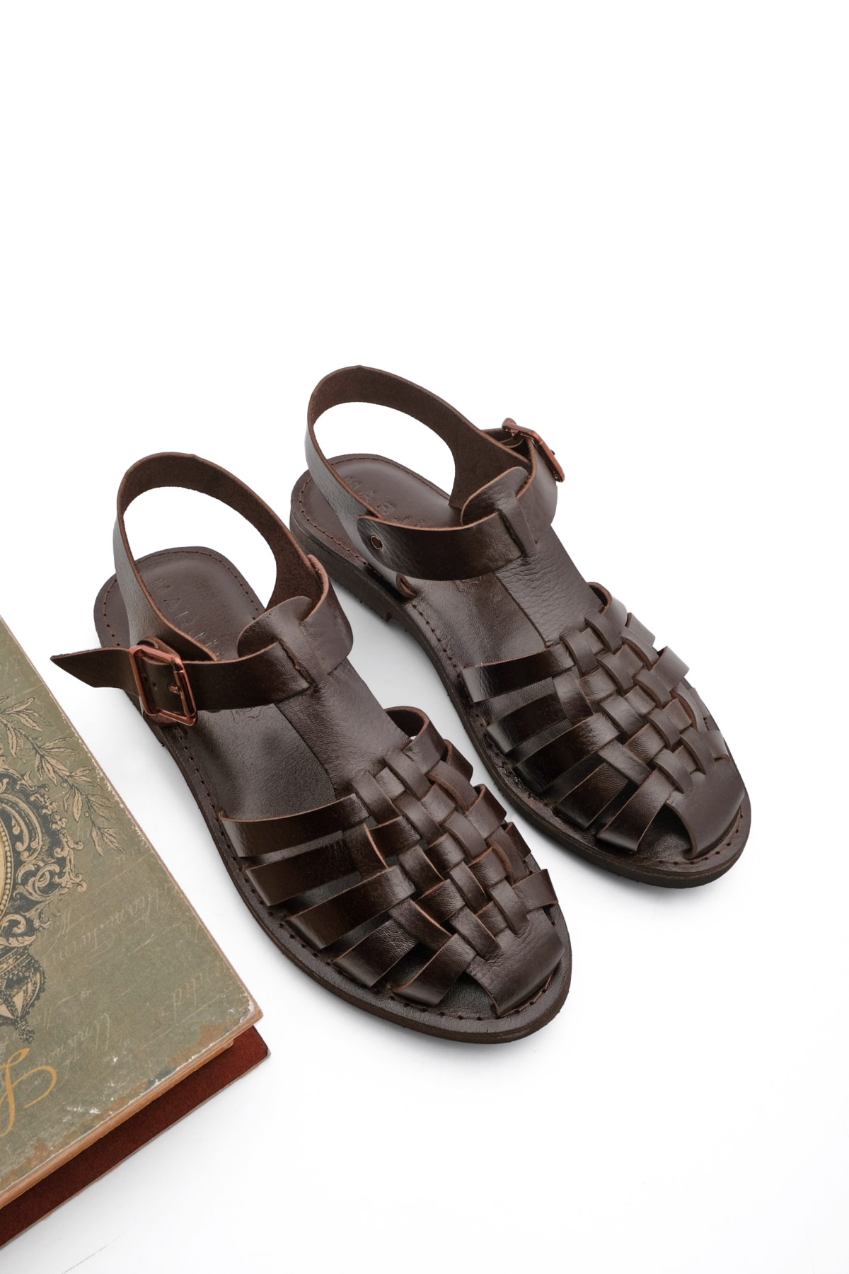Marjin Women's Daily Sandals Made Of Genuine Leather With Lightweight Eva Sole, Kesva Brown.