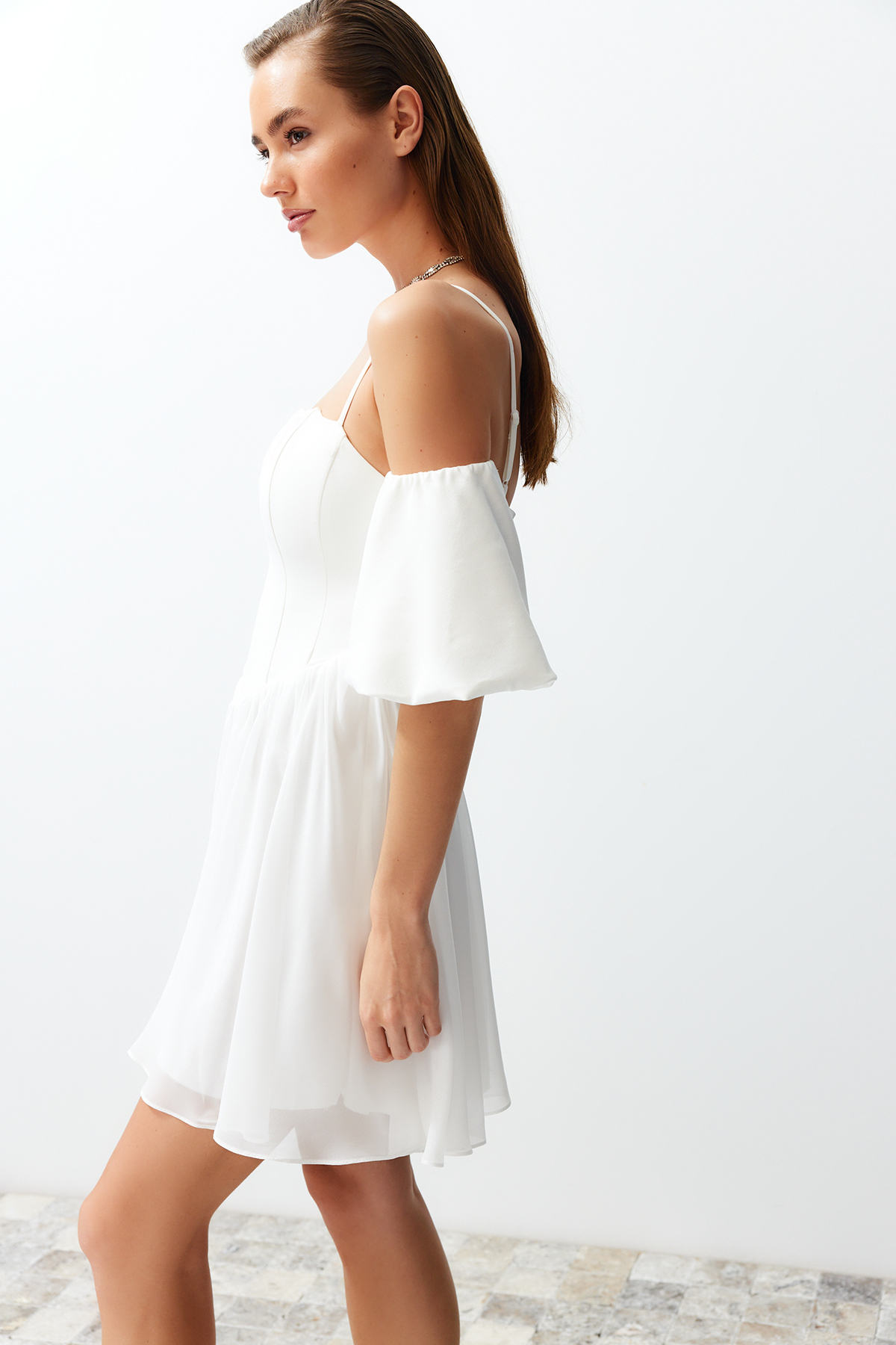 Trendyol Bridal White A-Cut Corset Detailed Woven Short Wedding/Wedding Elegant Evening Dress