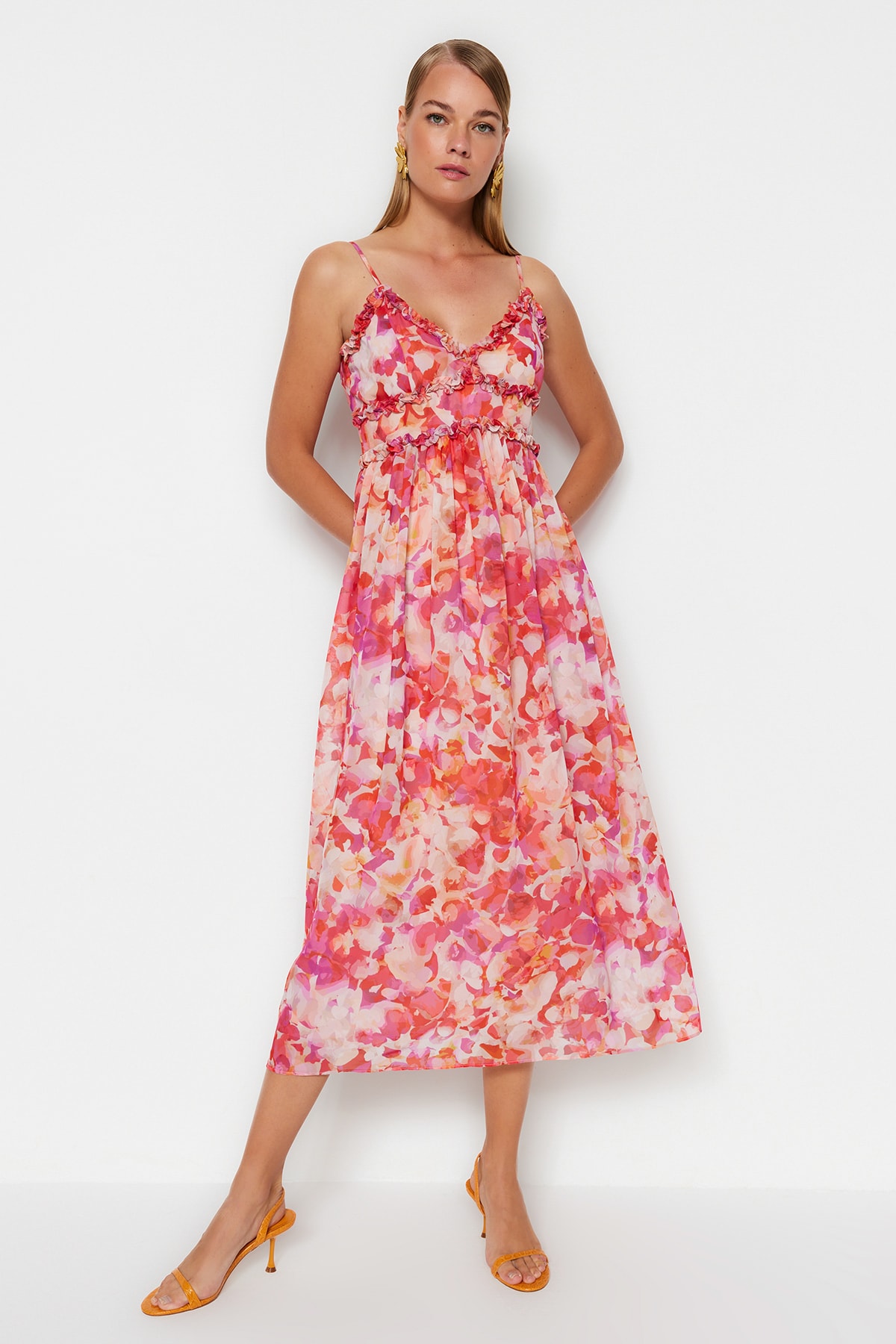 Trendyol Multi Color Floral Print A-Cut Ruffle Detail Lined Chiffon Maxi Woven Dress
