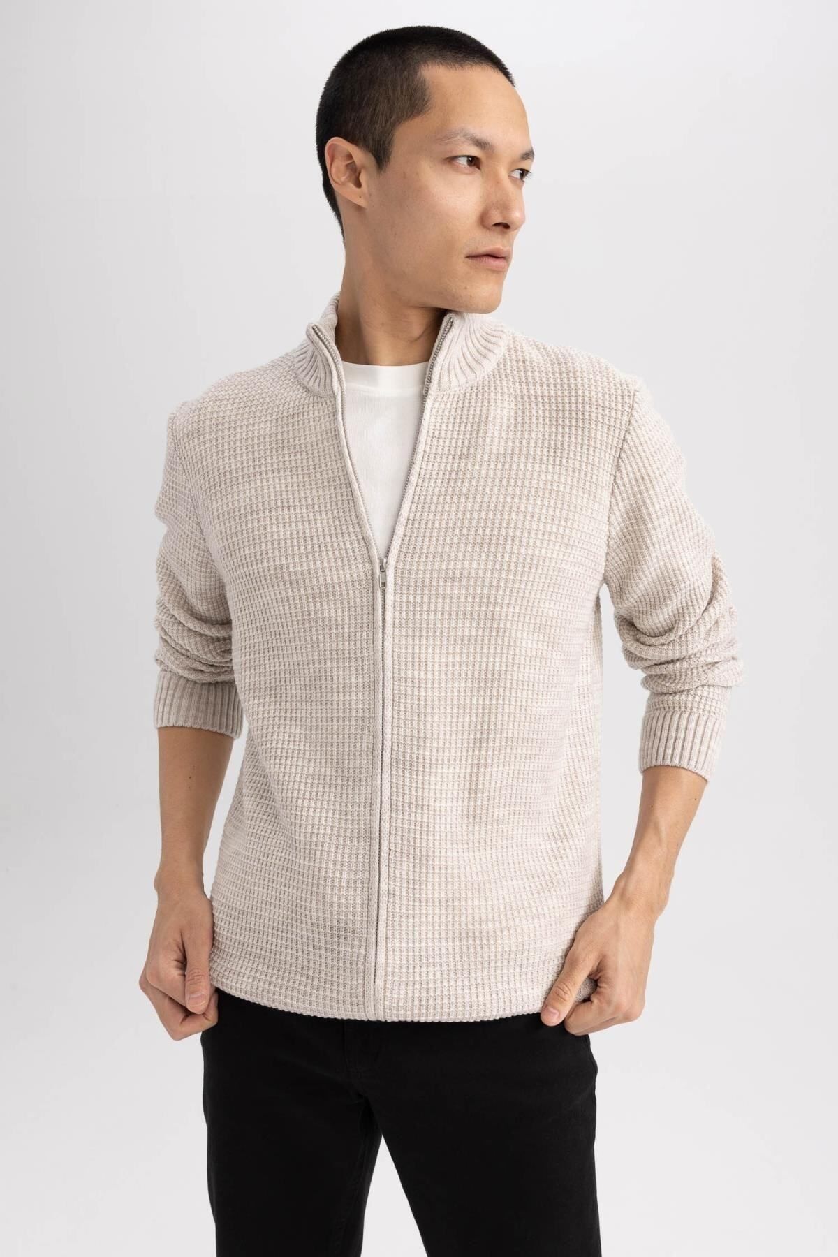 DEFACTO Standard Fit Half Turtleneck Waffle Cardigan