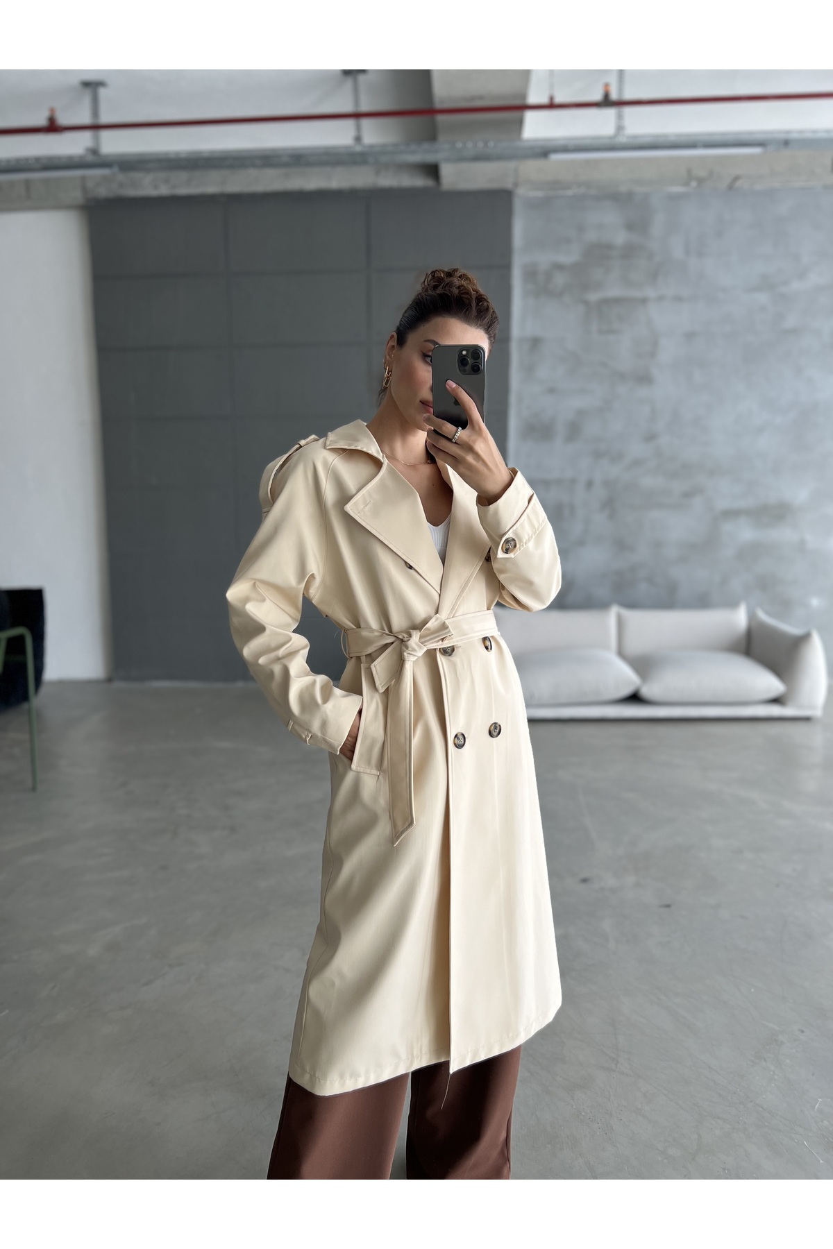 Laluvia Cream Button Detailed Belted Long Trench Coat