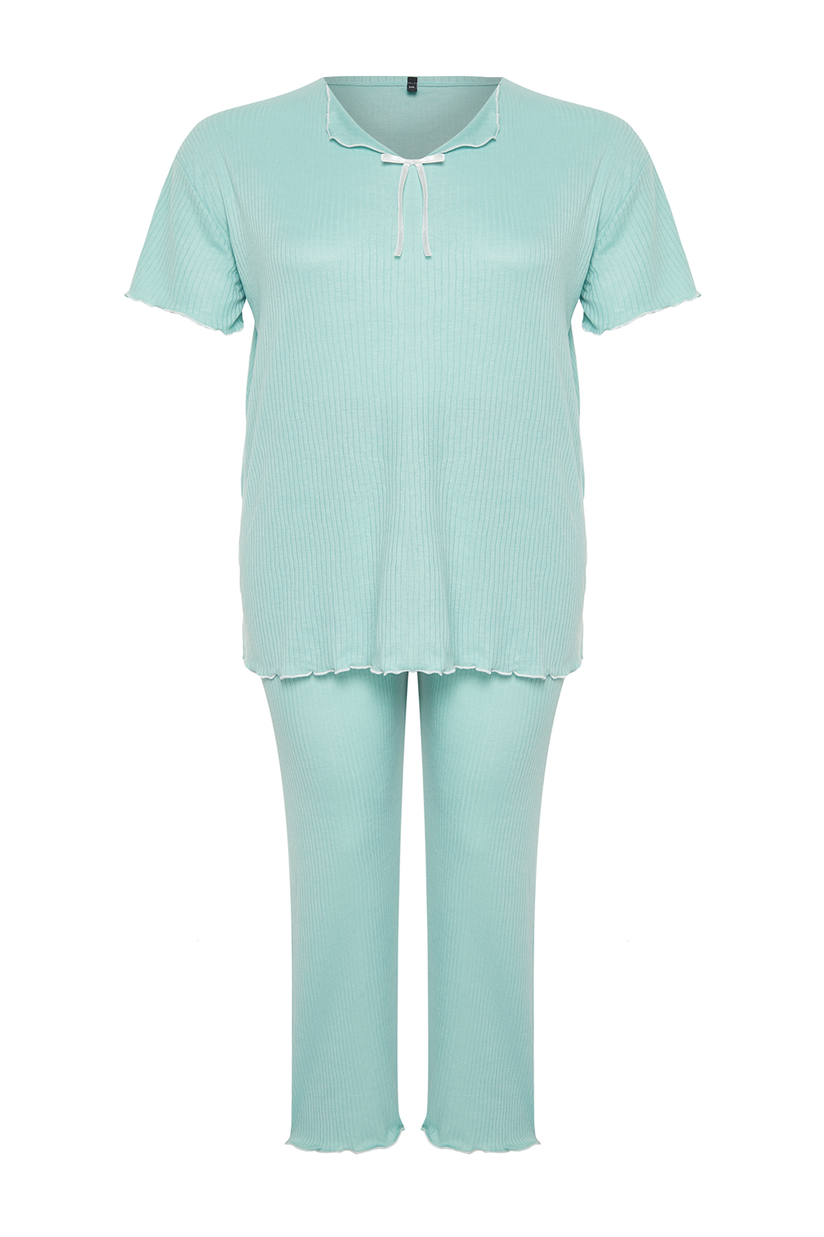 Levně Trendyol Curve Mint Bow Detailed Camisole Knitted Pajamas Set