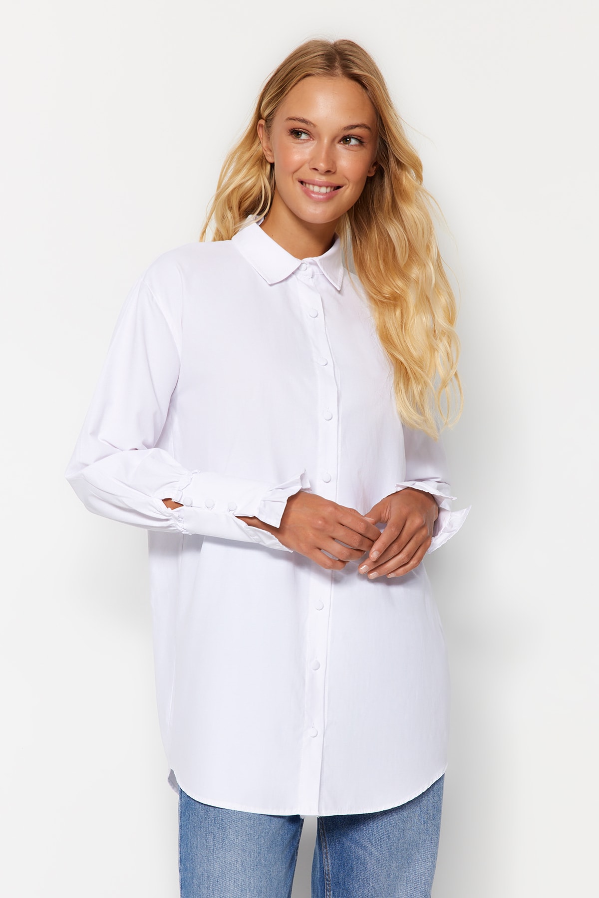Trendyol White Ruffle Detail Woven Cotton Shirt
