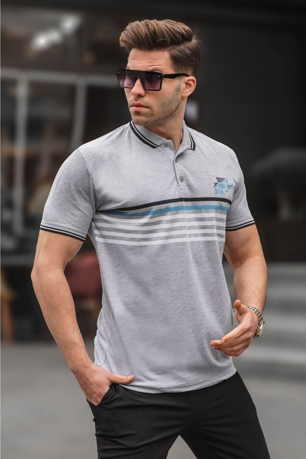 Levně Madmext Gray Striped Polo Neck T-Shirt 5869
