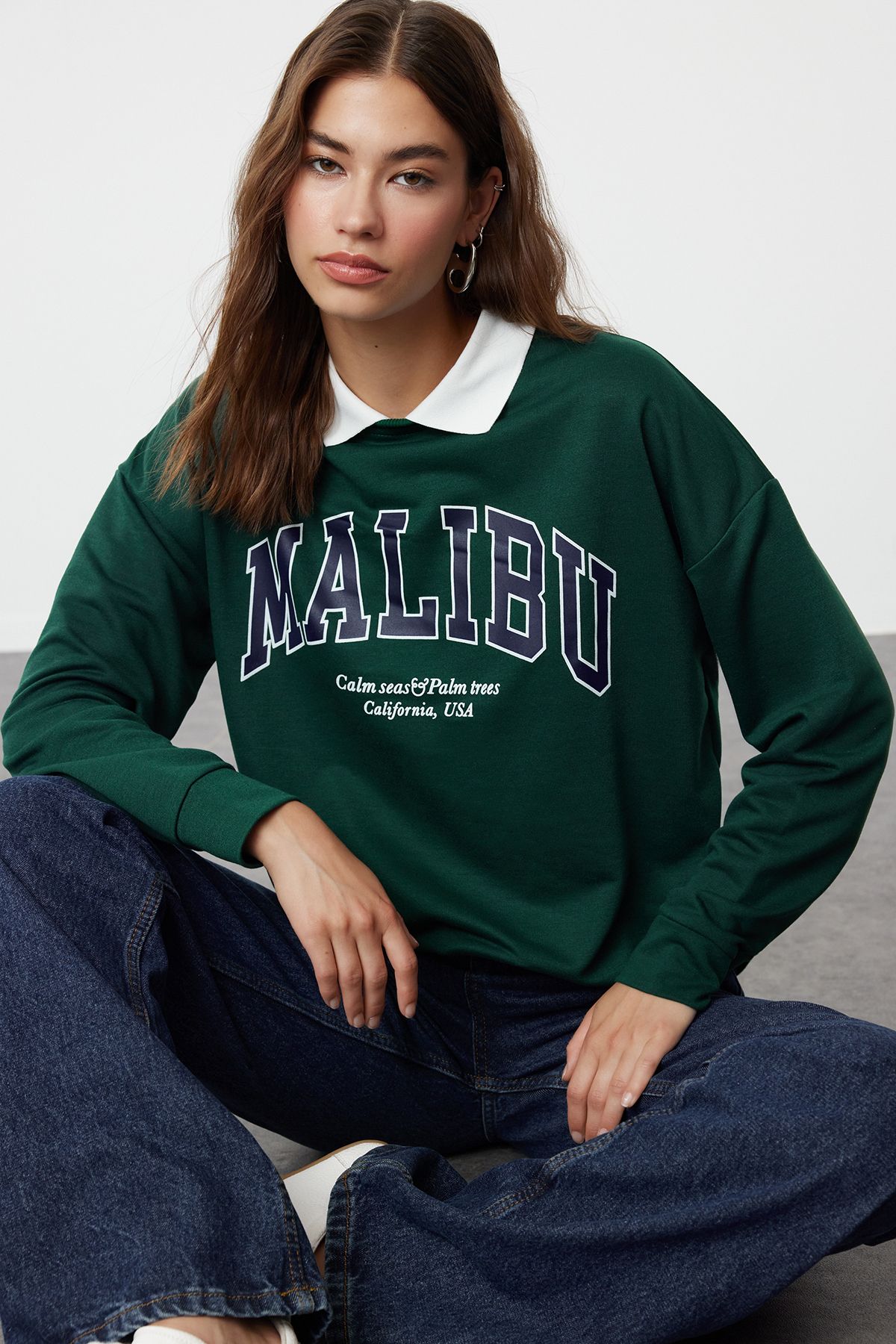 Trendyol Dark Green Polo Neck Knitted Sweatshirt with Embroidery Detail