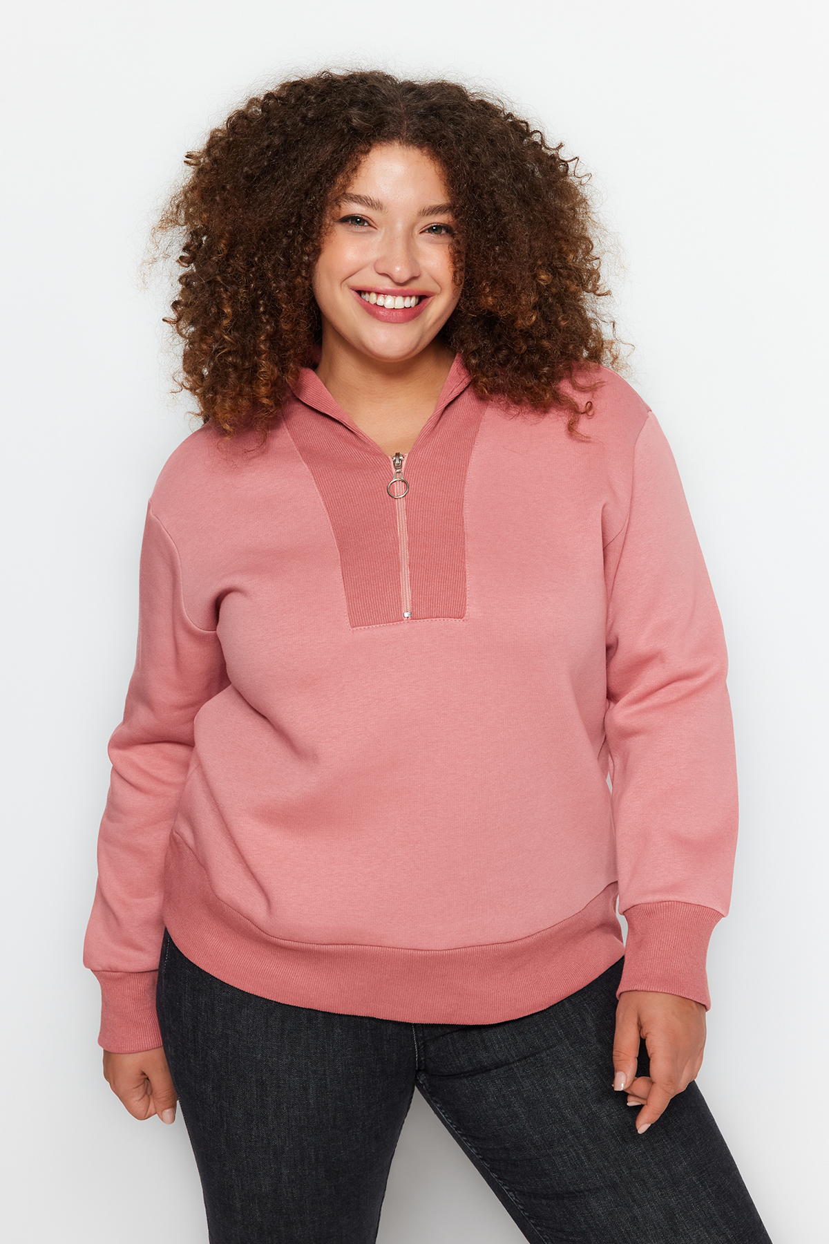 Levně Trendyol Curve Pale Pink Thick Fleece Inside Zipper Detailed Knitted Sweatshirt