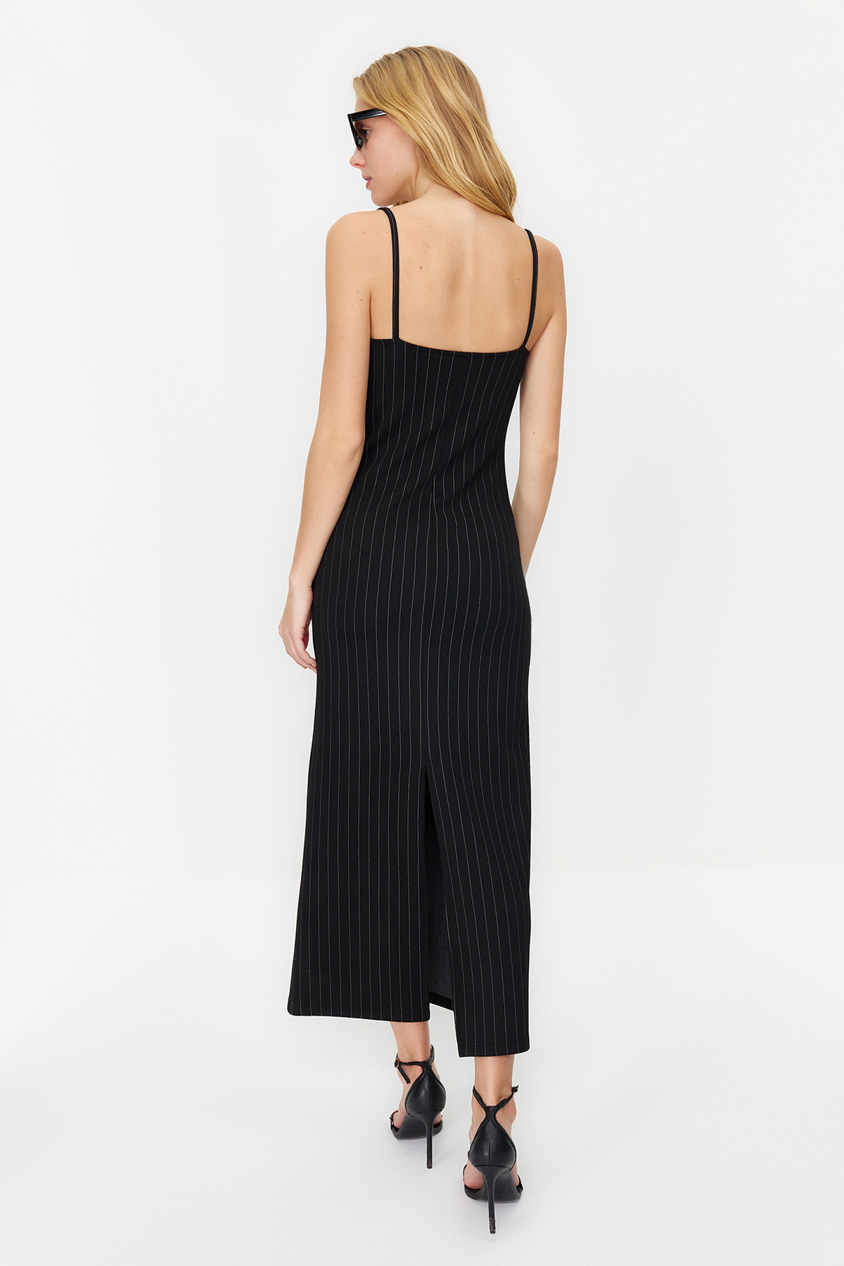 Trendyol Black Striped Strappy Bodycone/Body-hugging Knitted Maxi Pencil Dress