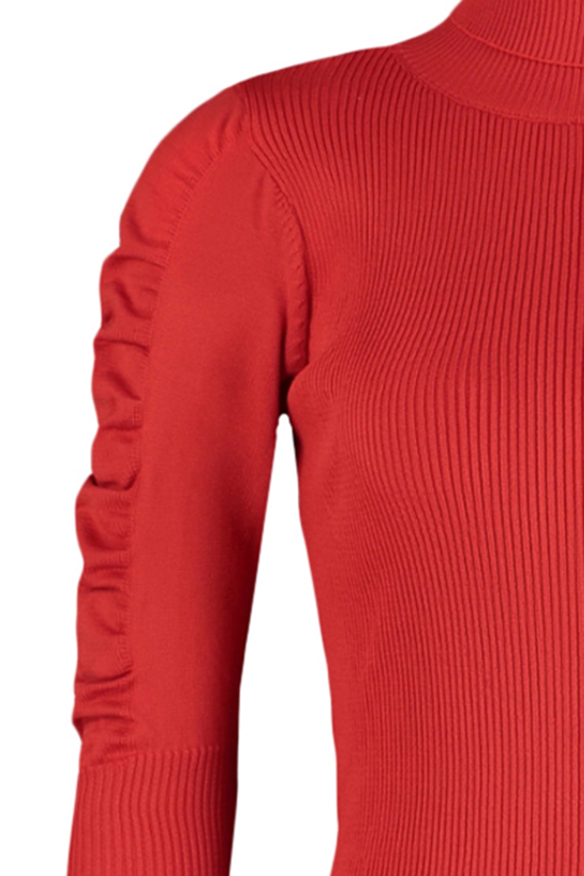 Trendyol Red Mini Knitwear Turtleneck Sleeve Shirring Detailed Dress