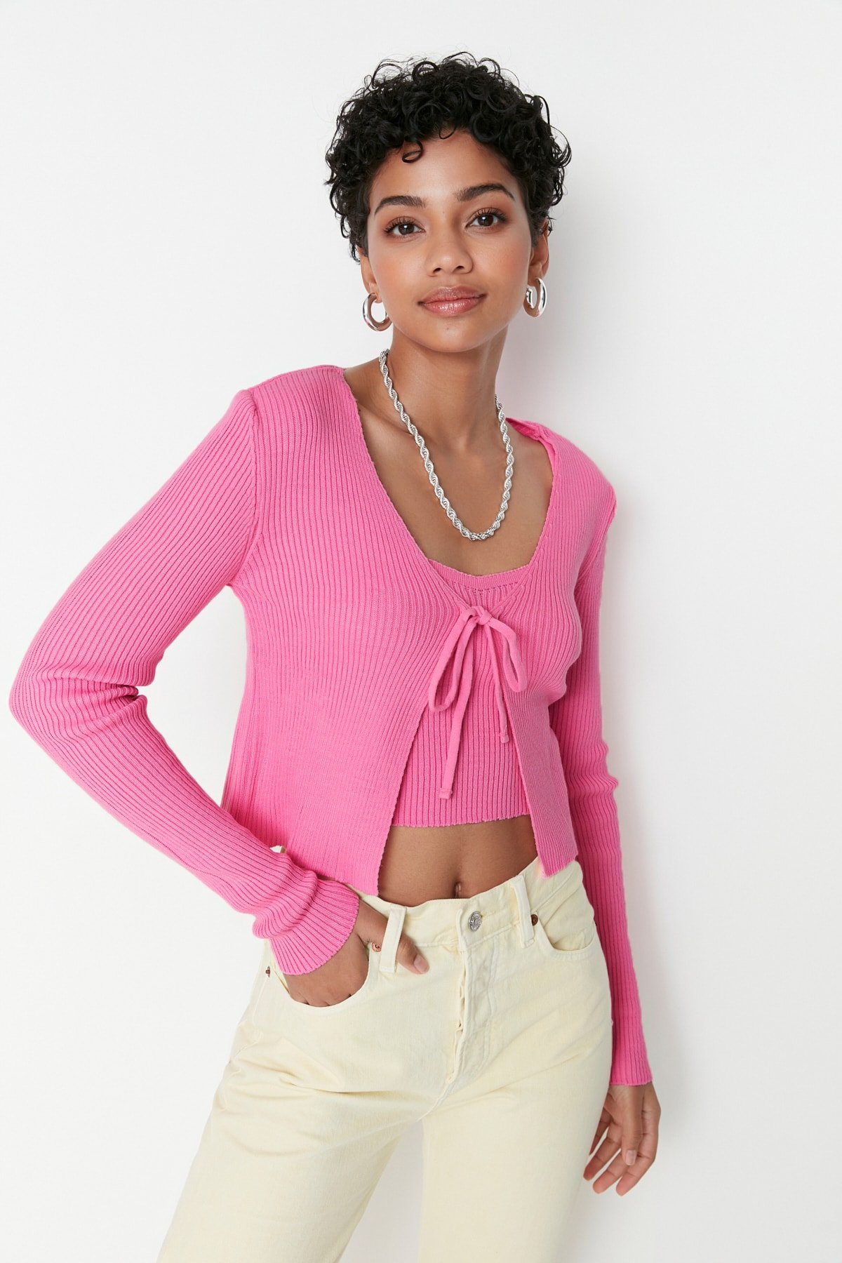 Levně Trendyol Pink Crop Tie Detailed Blouse-Cardigan Knitwear Suit Knitwear Cardigan